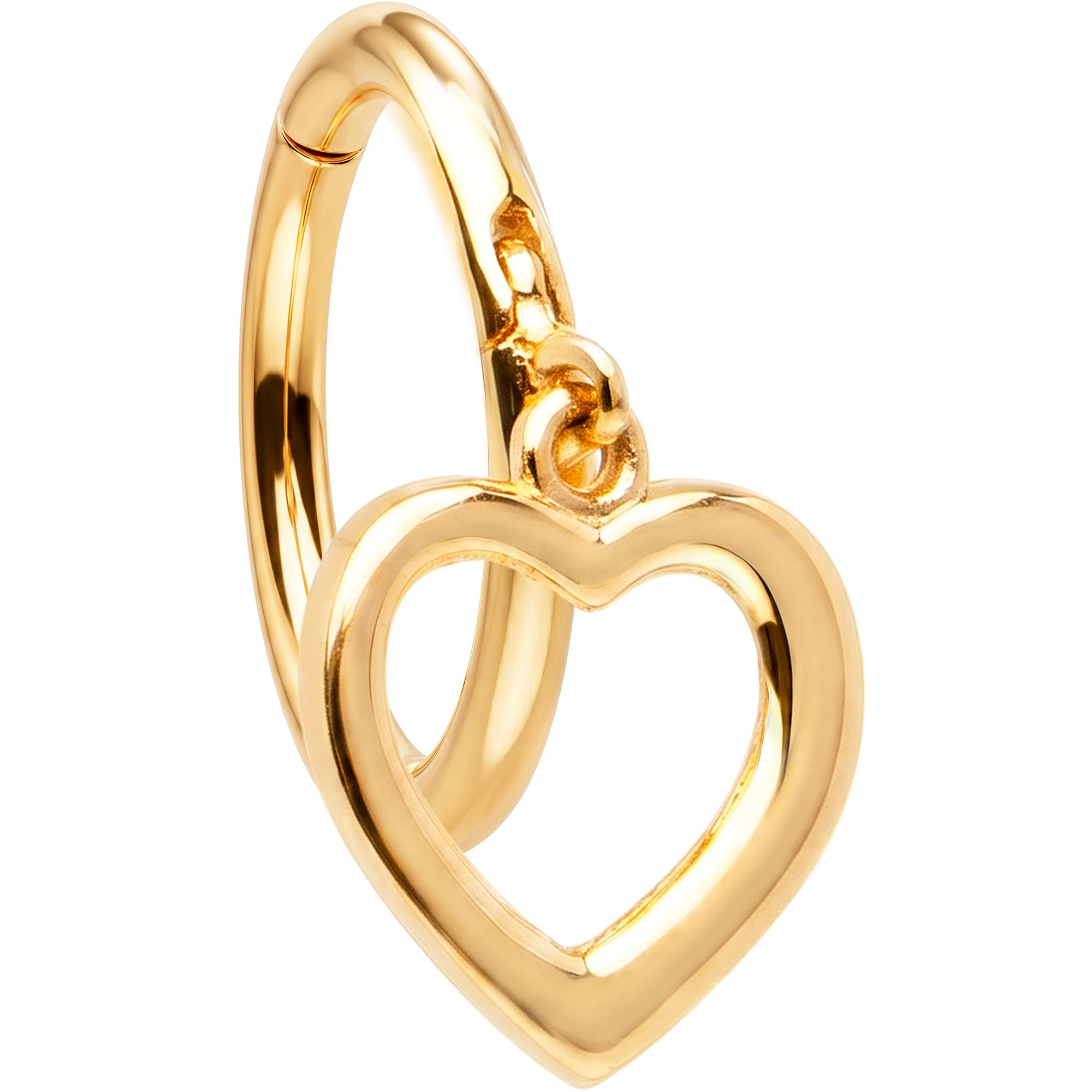 16G Hollow Heart Dangle Seamless Ring Cartilage Clicker Hoop- 14k Solid Gold