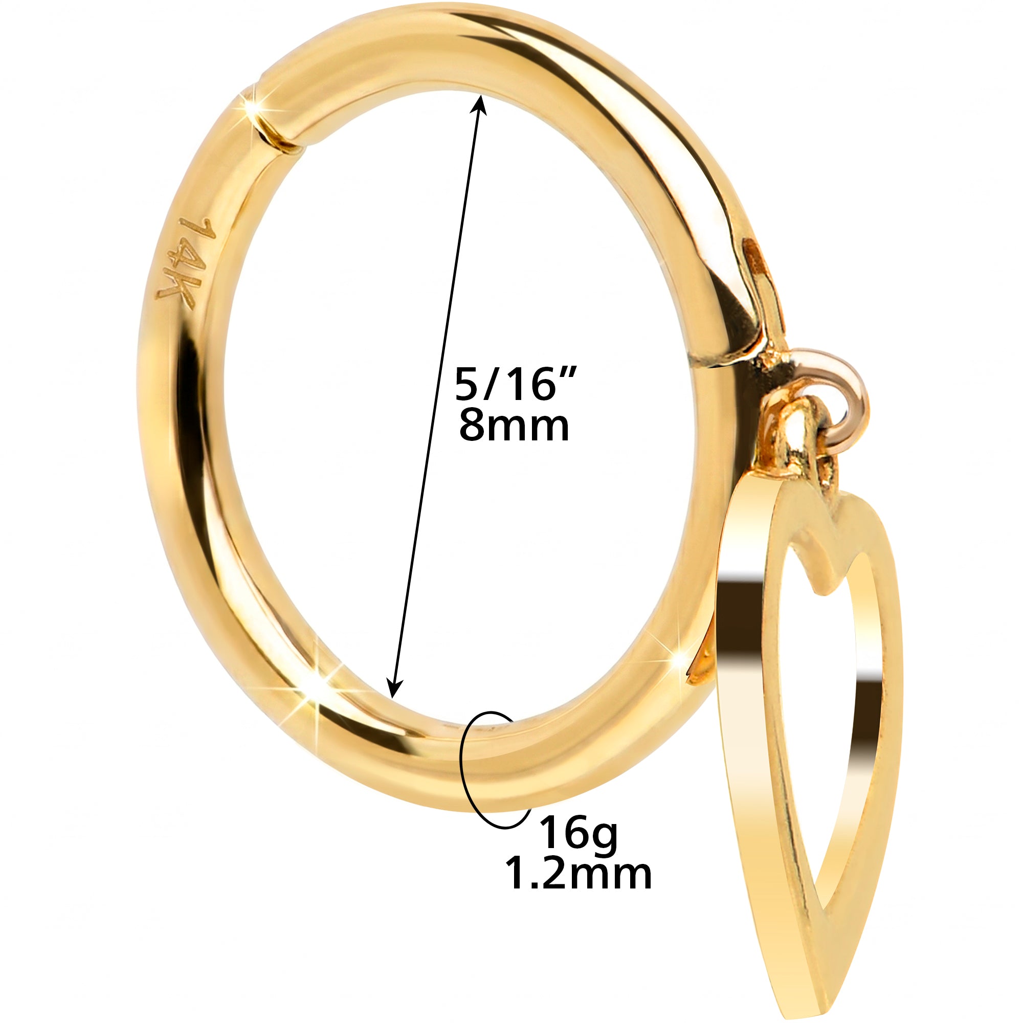 16G Hollow Heart Dangle Seamless Ring Cartilage Clicker Hoop- 14k Solid Gold