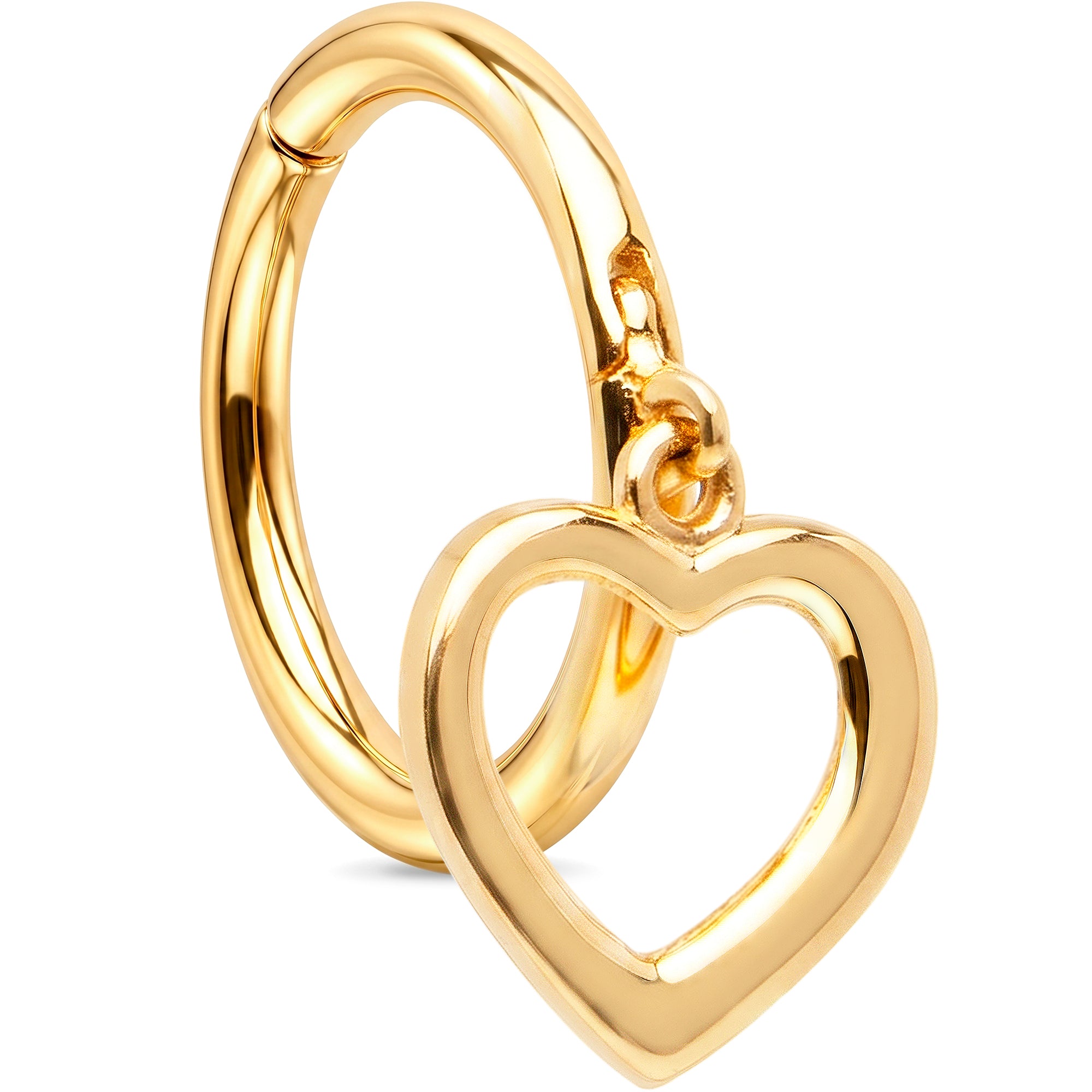 16G Hollow Heart Dangle Seamless Ring Cartilage Clicker Hoop- 14k Solid Gold