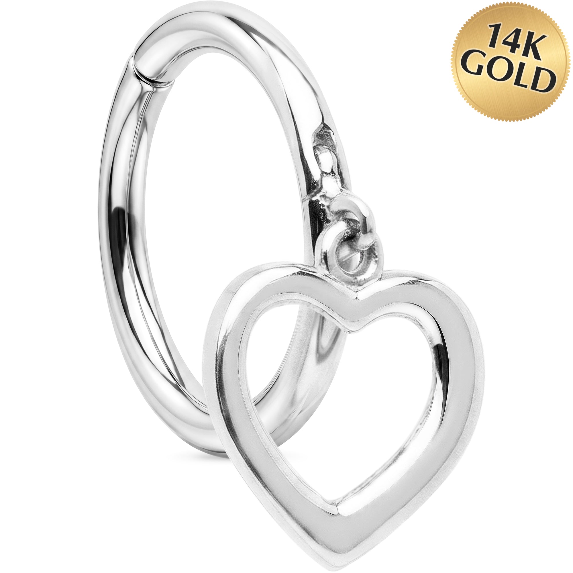 16G Hollow Heart Dangle Seamless Ring Cartilage Clicker Hoop- 14k Solid Gold