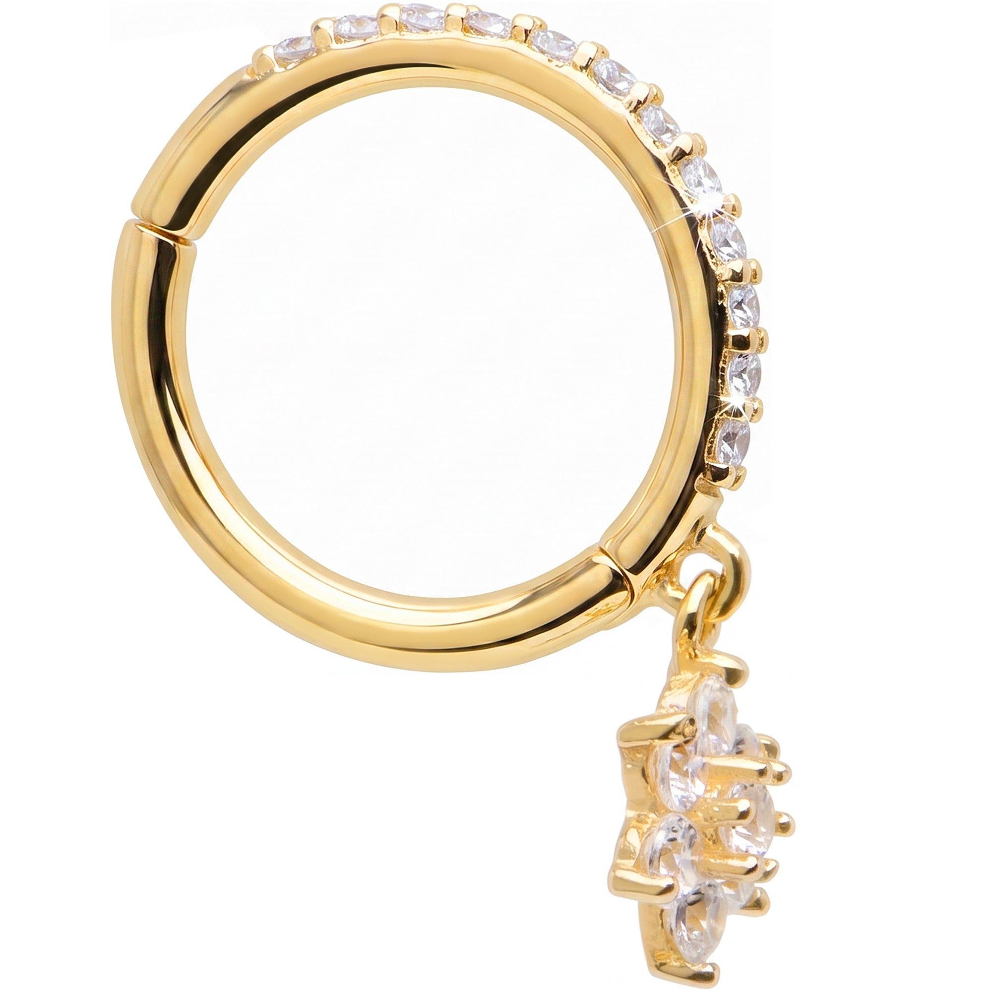 16G CZ Hibiscus Flower Dangle Seamless Ring Cartilage Clicker Hoop- 14k Solid Gold