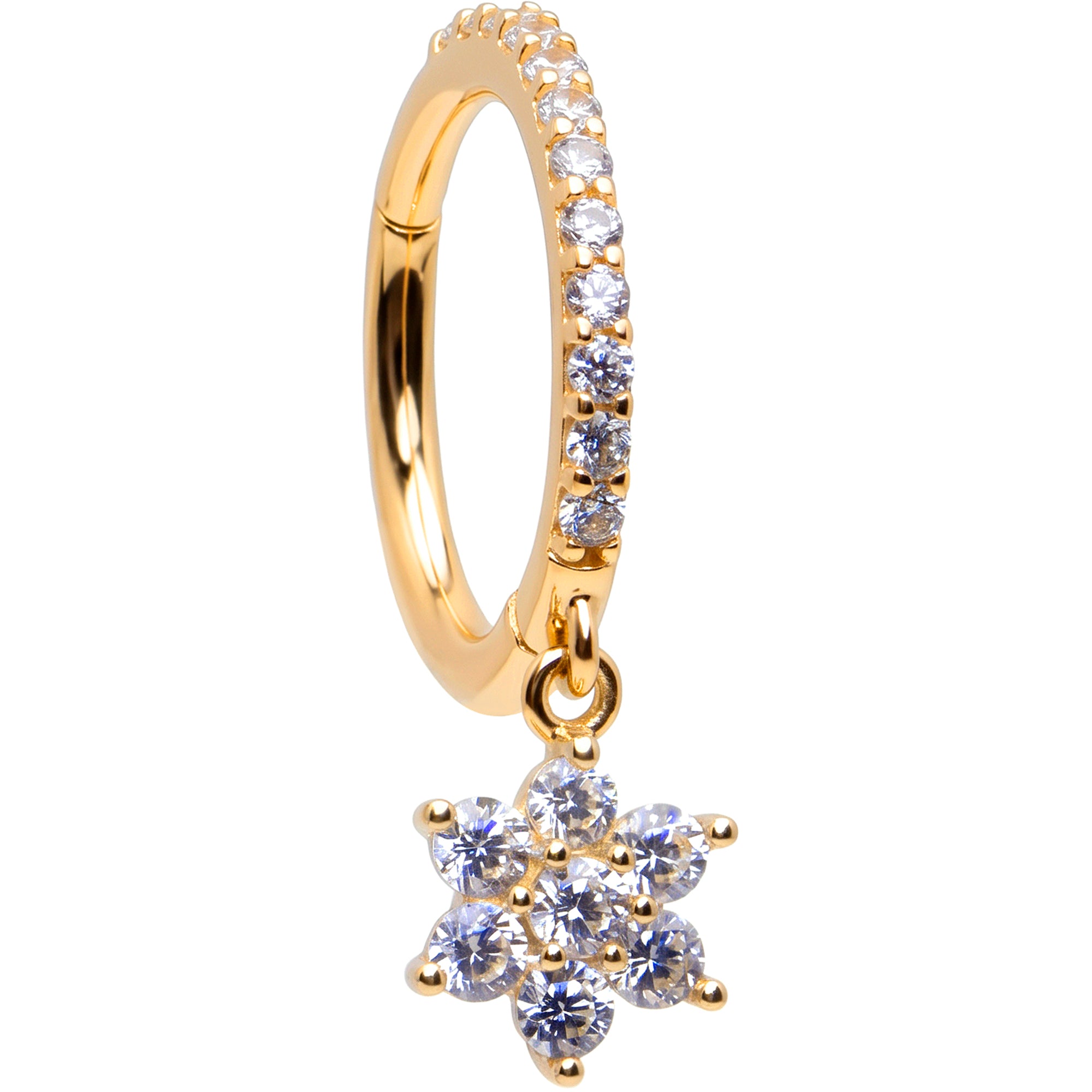 16G CZ Hibiscus Flower Dangle Seamless Ring Cartilage Clicker Hoop- 14k Solid Gold