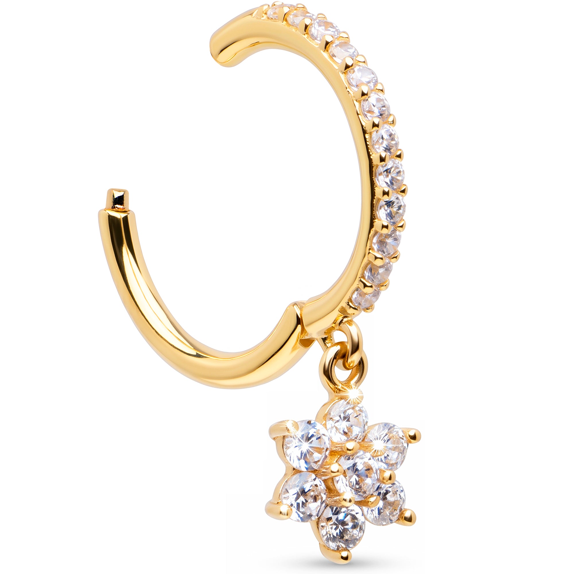 16G CZ Hibiscus Flower Dangle Seamless Ring Cartilage Clicker Hoop- 14k Solid Gold