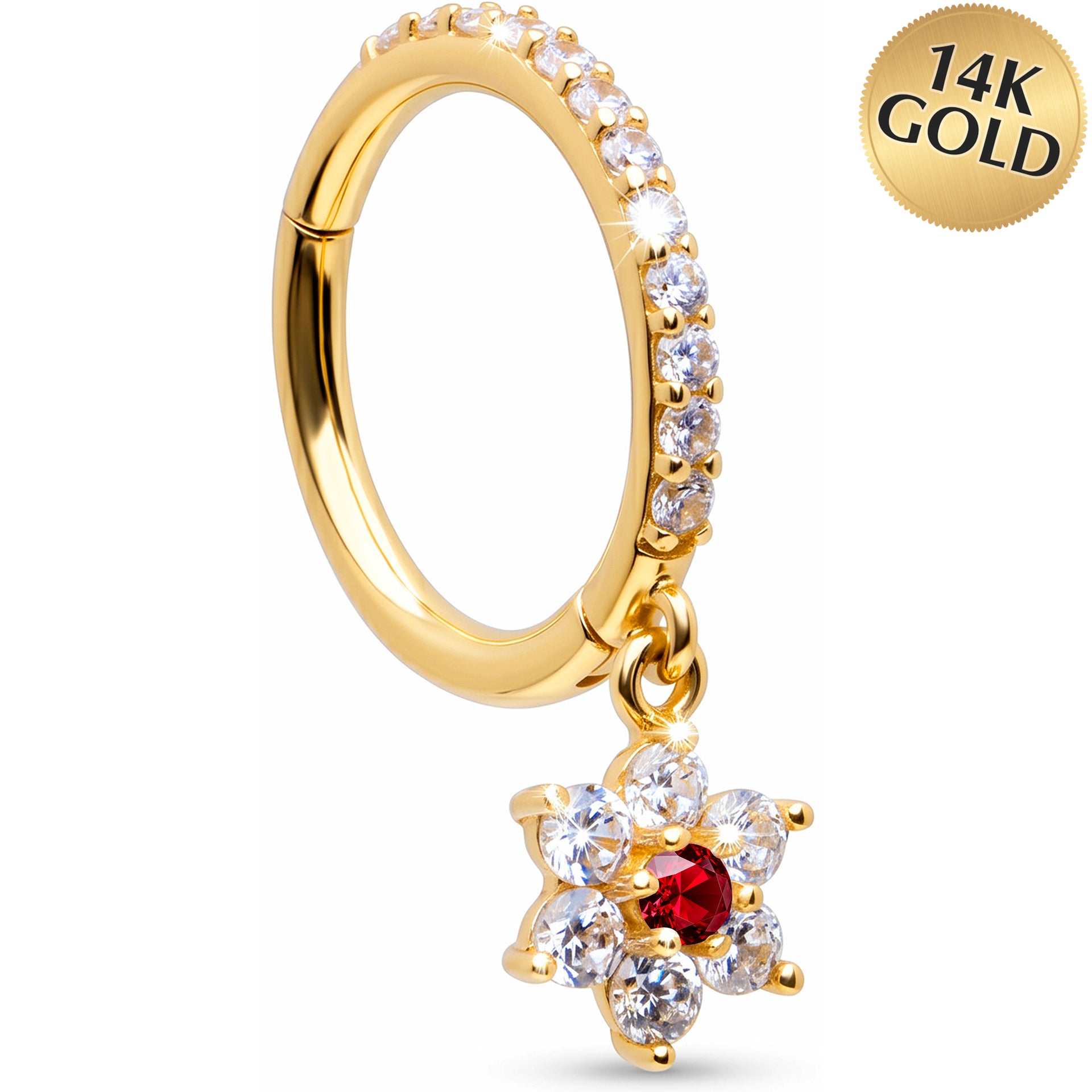 16G CZ Red Hibiscus Flower Dangle Seamless Ring Cartilage Clicker Hoop- 14k Solid Gold