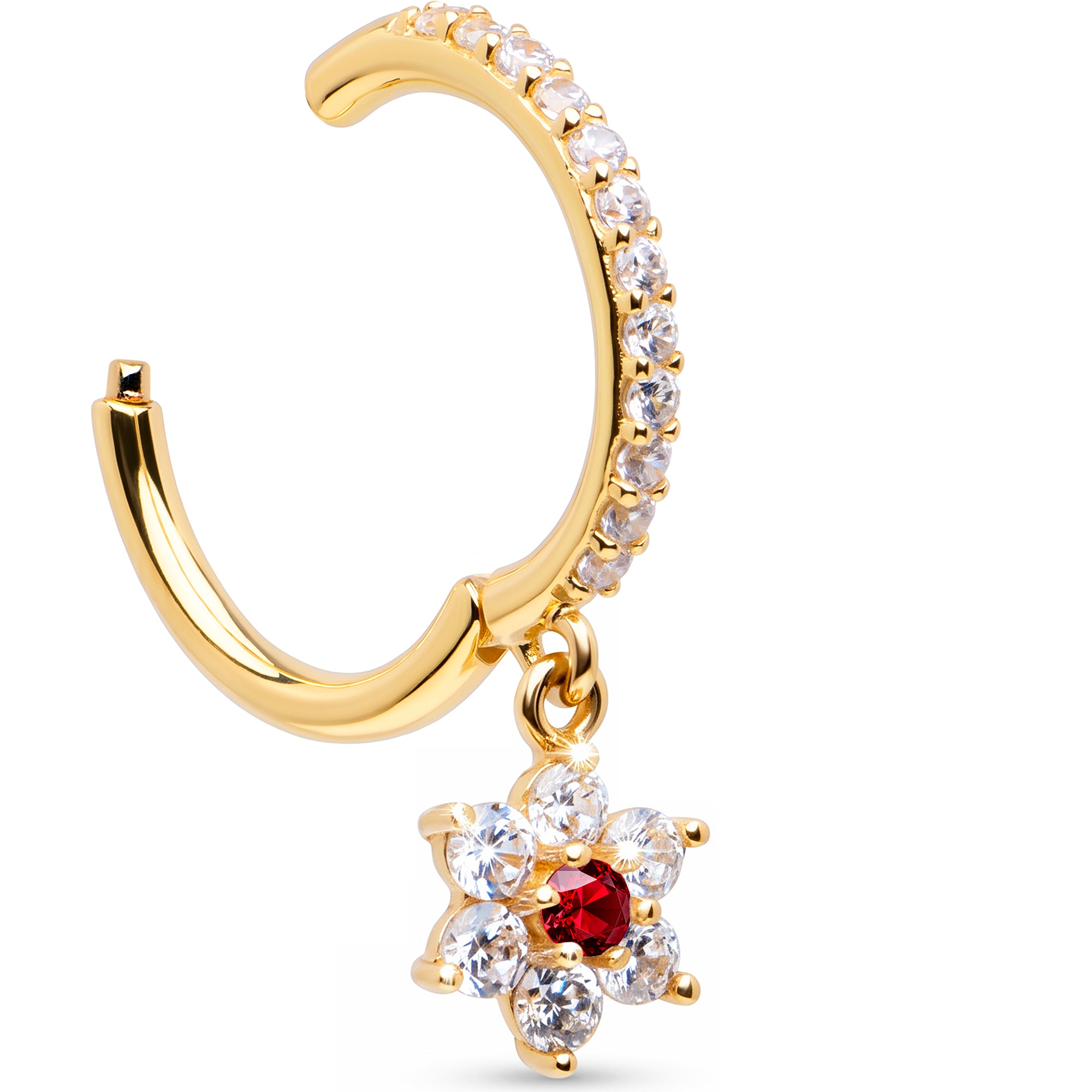 16G CZ Red Hibiscus Flower Dangle Seamless Ring Cartilage Clicker Hoop- 14k Solid Gold