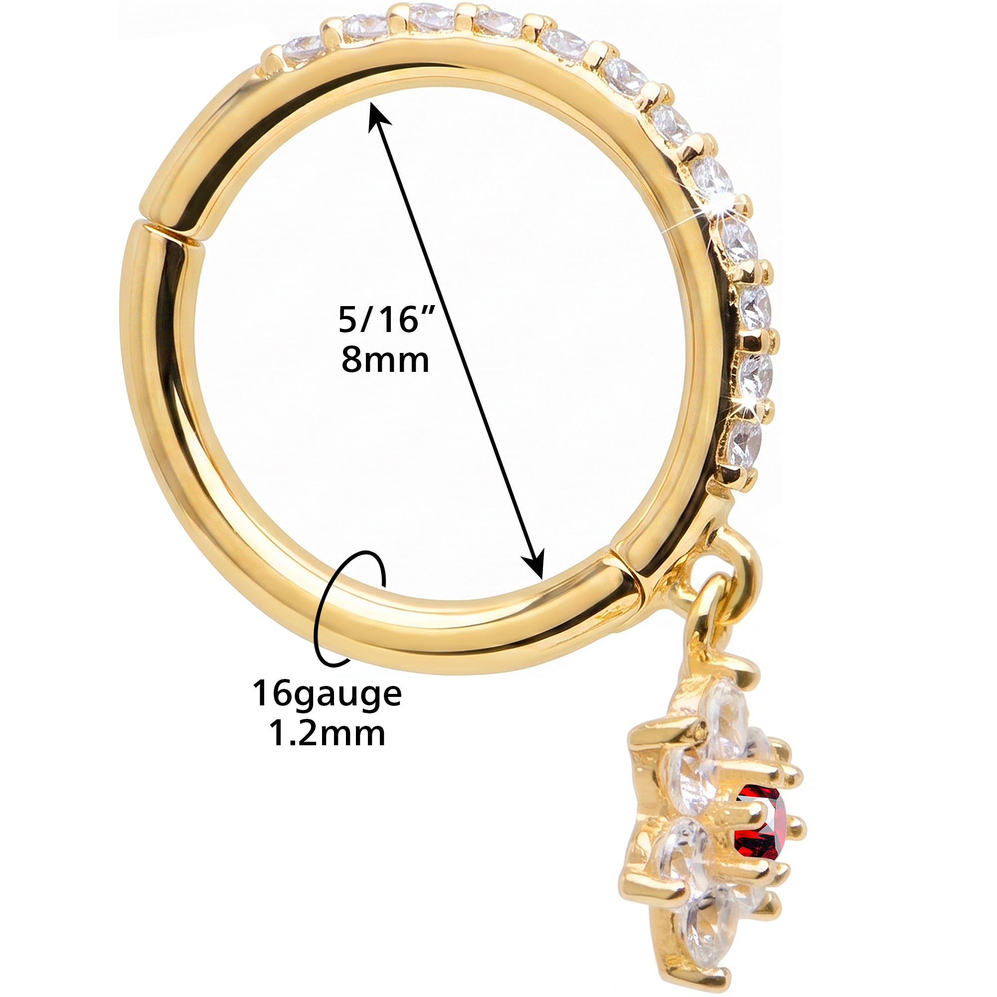 16G CZ Red Hibiscus Flower Dangle Seamless Ring Cartilage Clicker Hoop- 14k Solid Gold