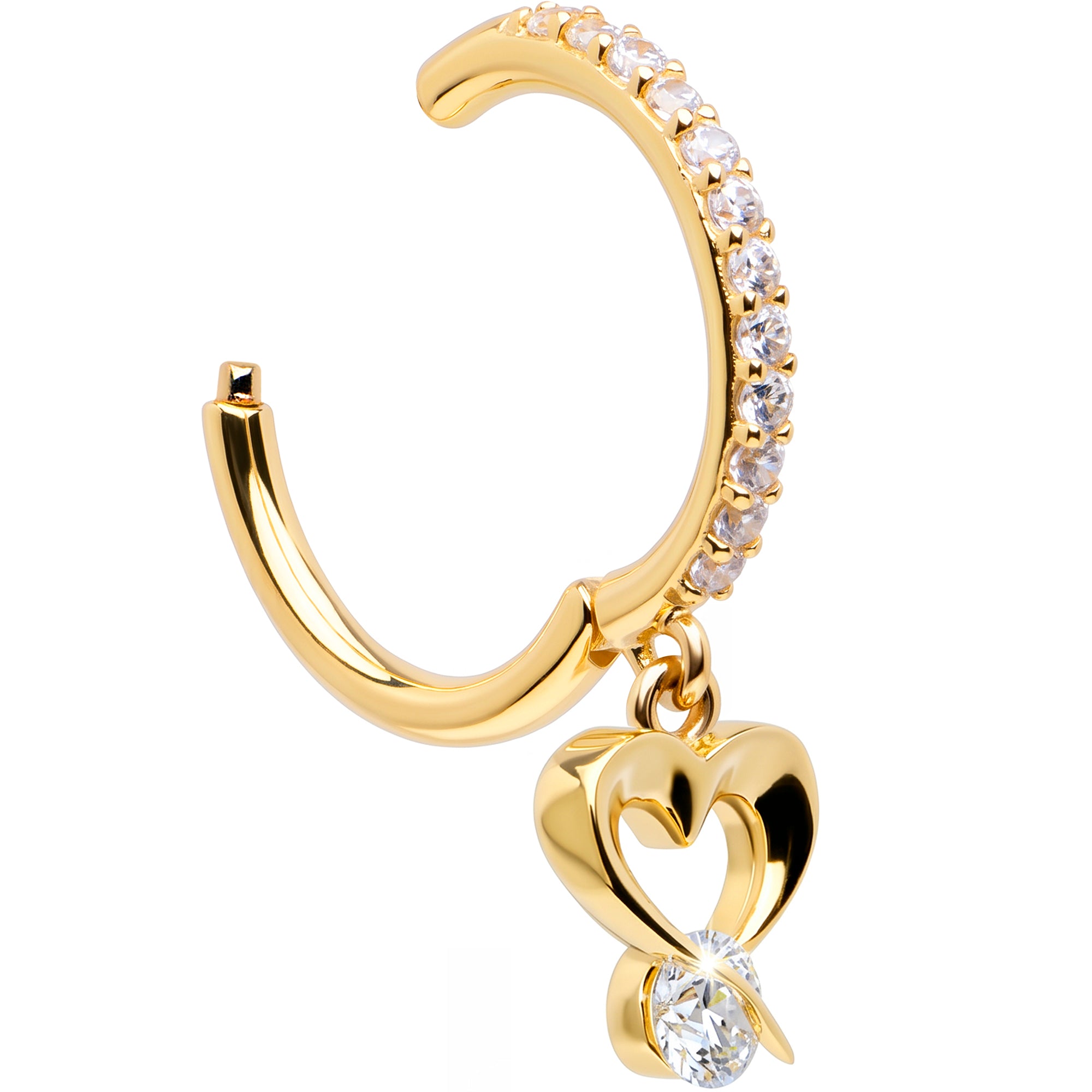 16G CZ Open Heart Dangle Seamless Ring Cartilage Clicker Hoop- 14k Solid Gold