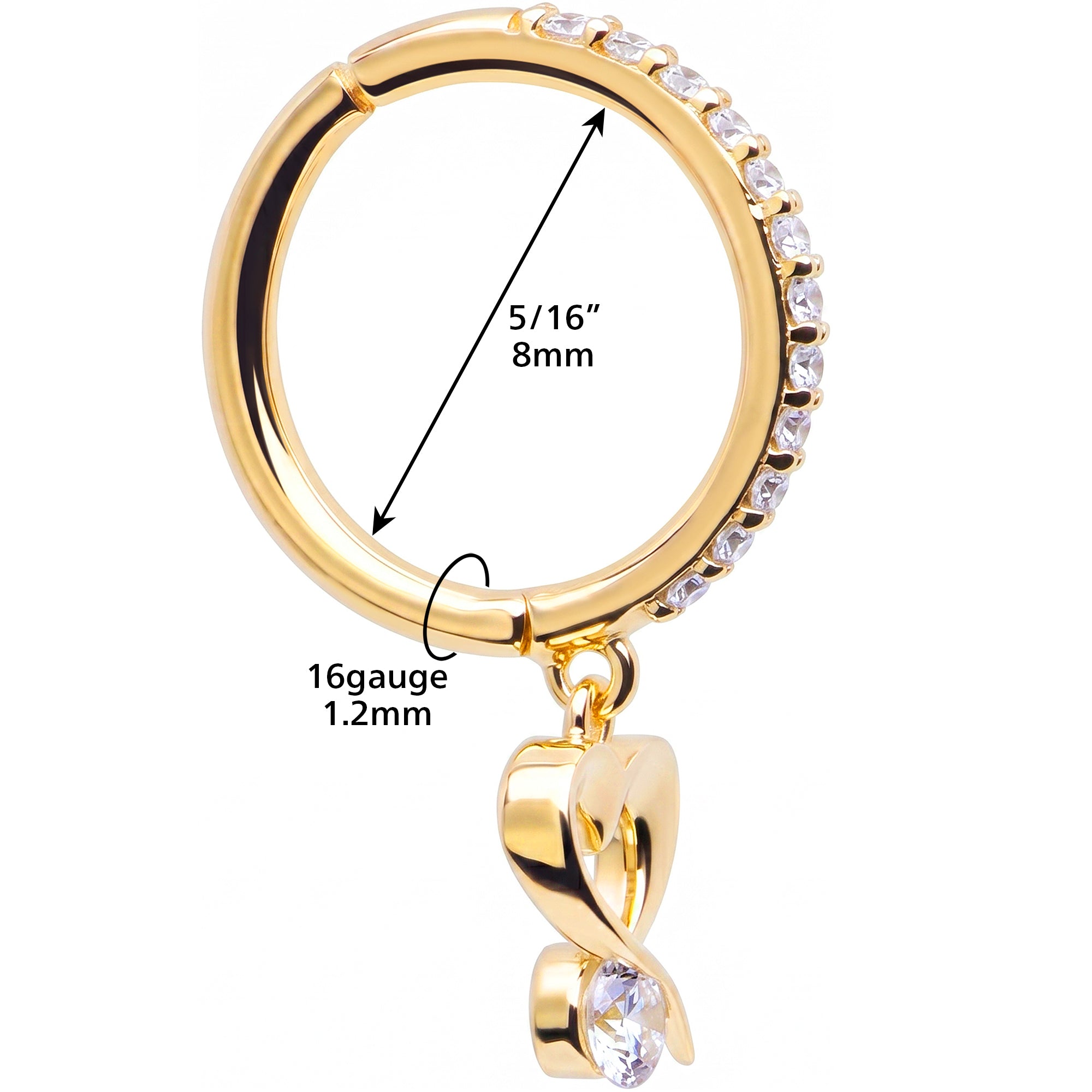 16G CZ Open Heart Dangle Seamless Ring Cartilage Clicker Hoop- 14k Solid Gold