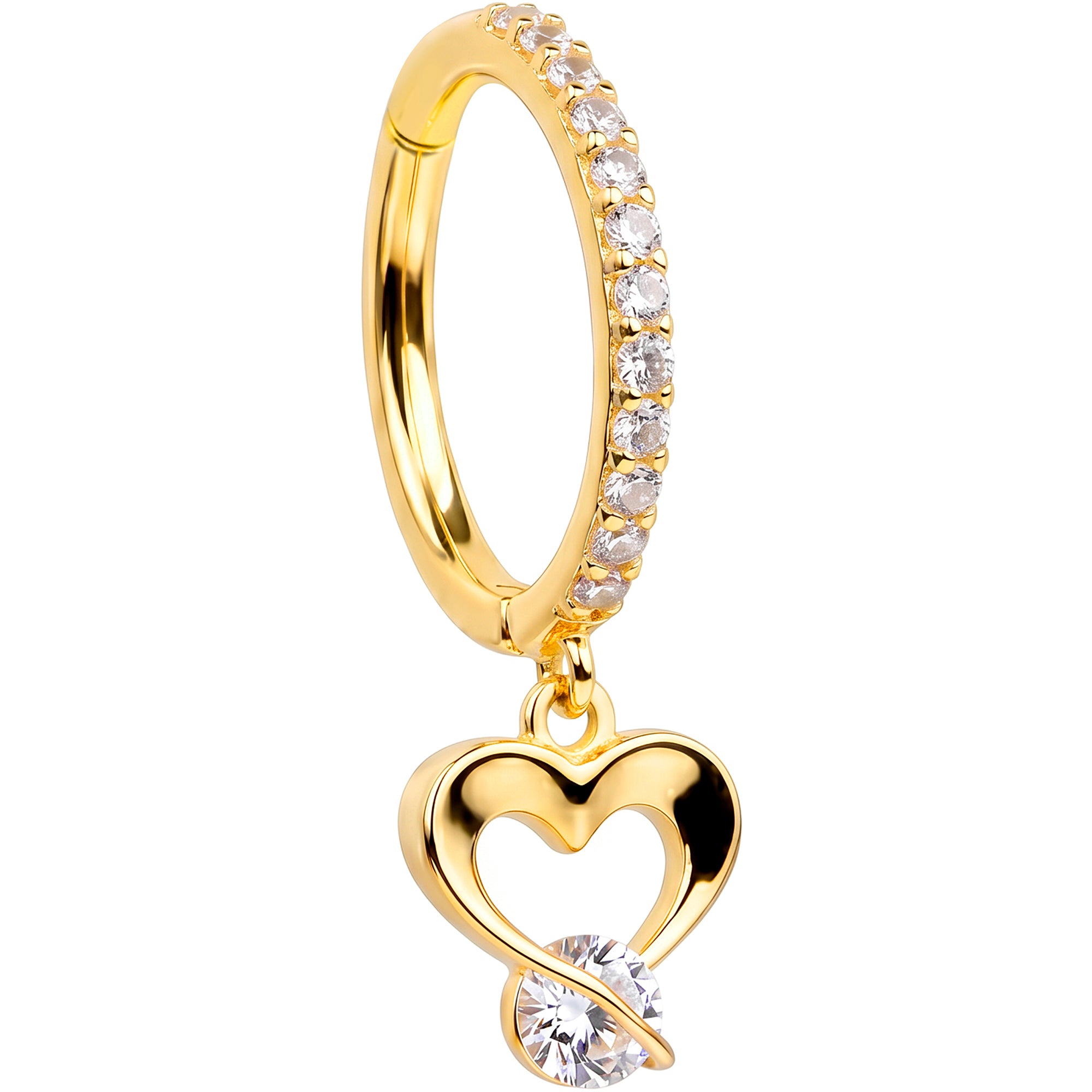 16G CZ Open Heart Dangle Seamless Ring Cartilage Clicker Hoop- 14k Solid Gold