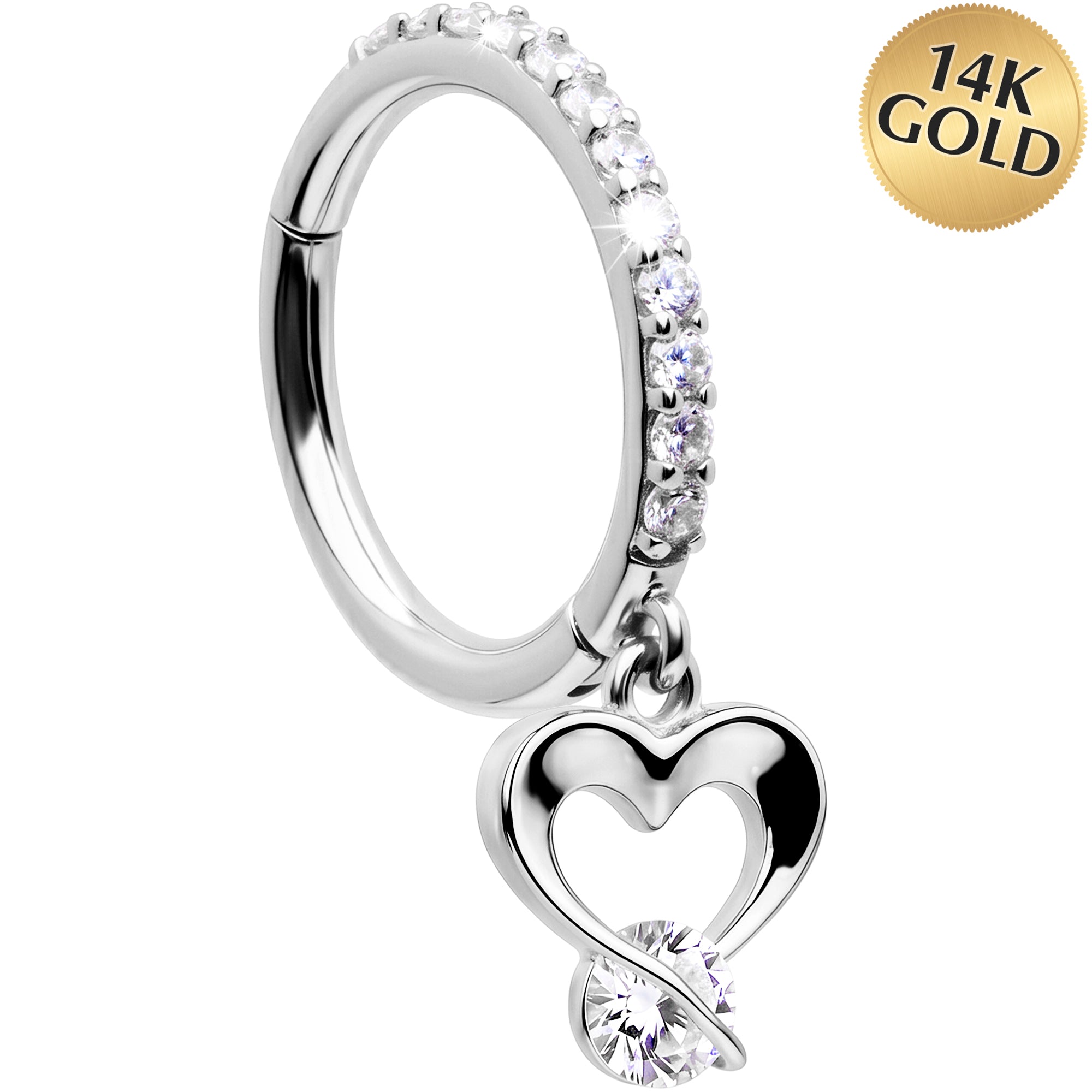 16G CZ Open Heart Dangle Seamless Ring Cartilage Clicker Hoop- 14k Solid Gold