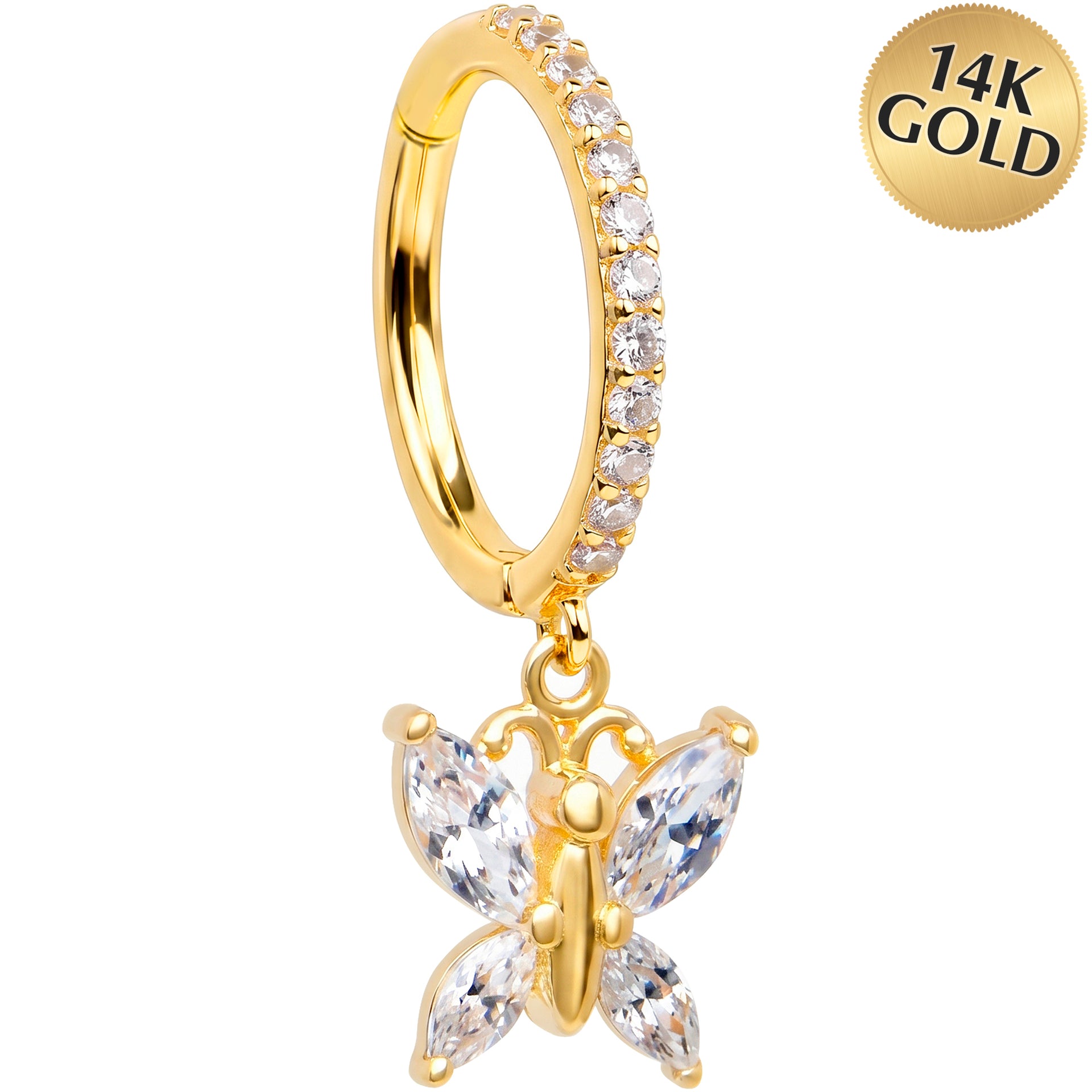 16G CZ Butterfly Dangle Seamless Ring Cartilage Clicker Hoop- 14k Solid Gold