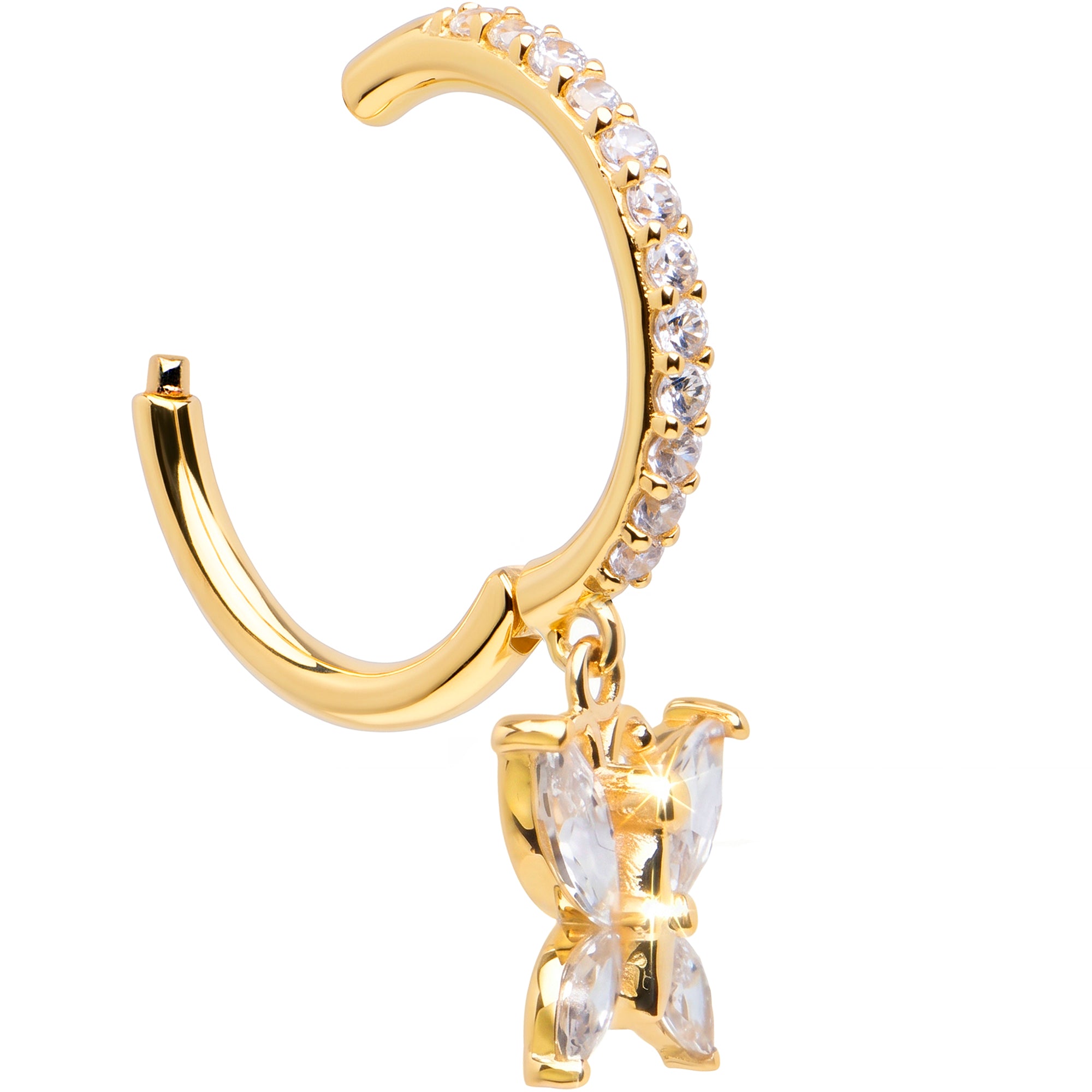 16G CZ Butterfly Dangle Seamless Ring Cartilage Clicker Hoop- 14k Solid Gold
