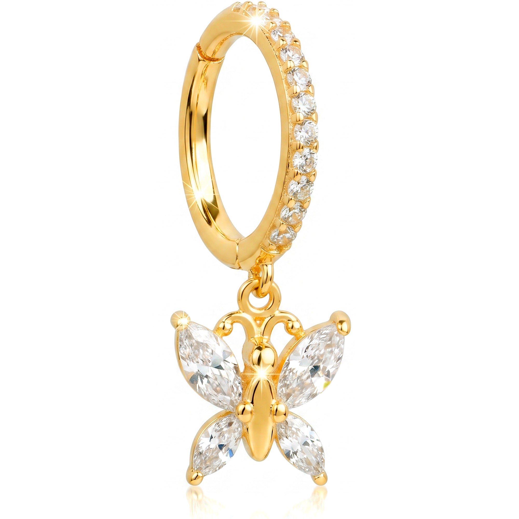 16G CZ Butterfly Dangle Seamless Ring Cartilage Clicker Hoop- 14k Solid Gold