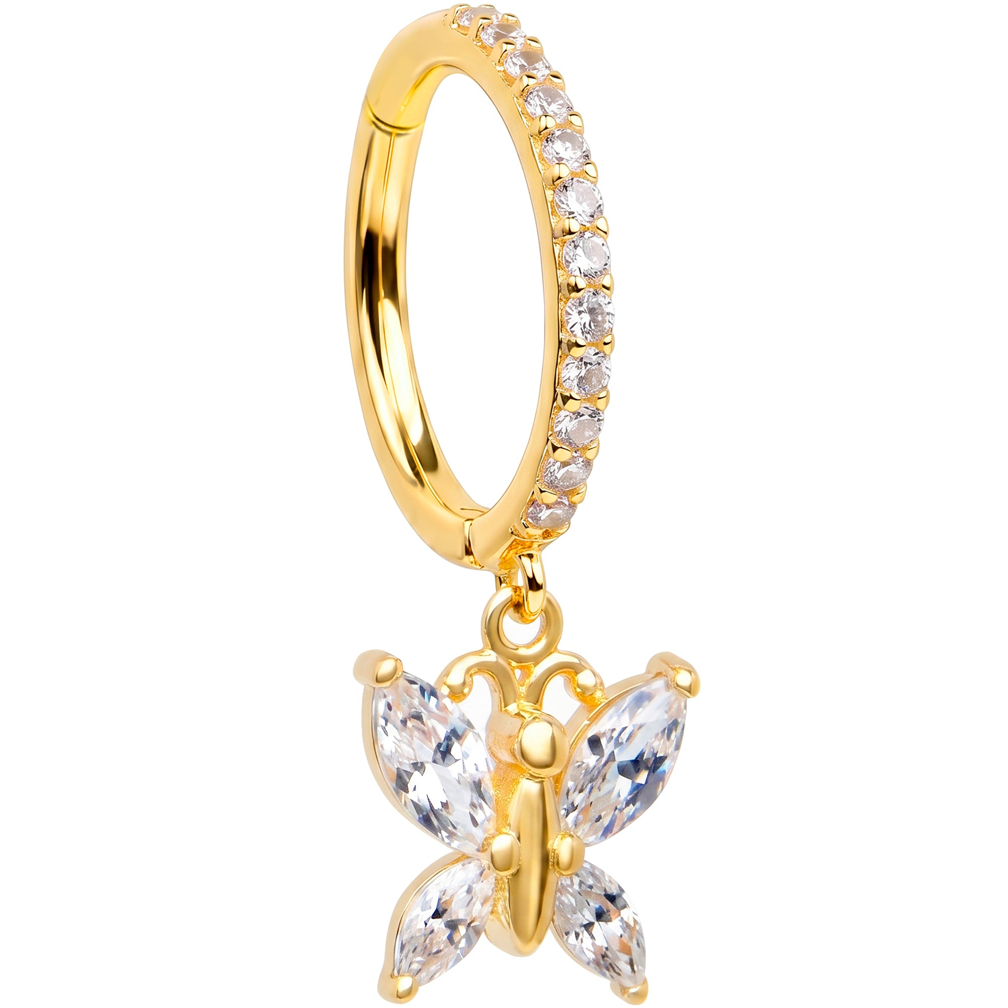16G CZ Butterfly Dangle Seamless Ring Cartilage Clicker Hoop- 14k Solid Gold