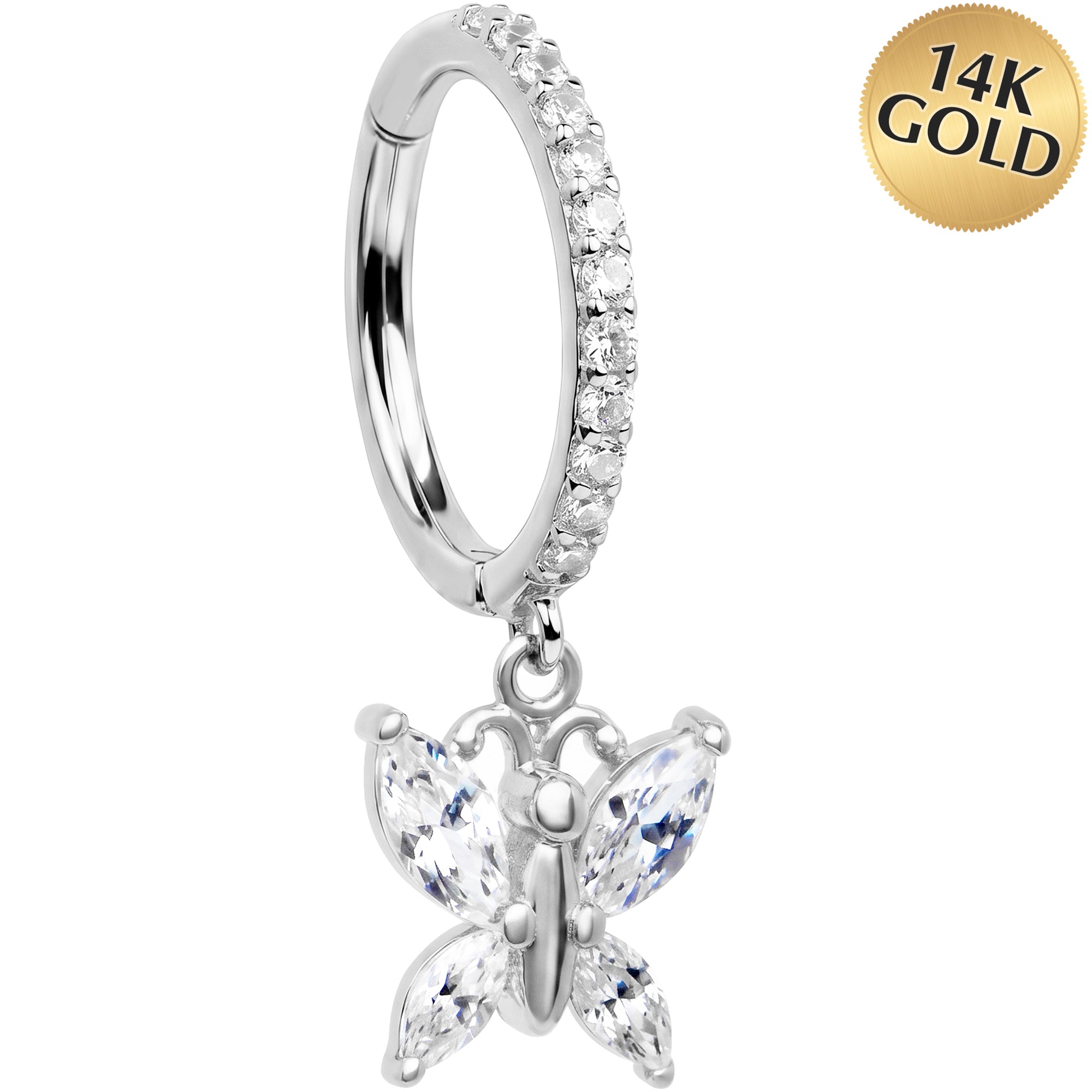 16G CZ Butterfly Dangle Seamless Ring Cartilage Clicker Hoop- 14k Solid Gold