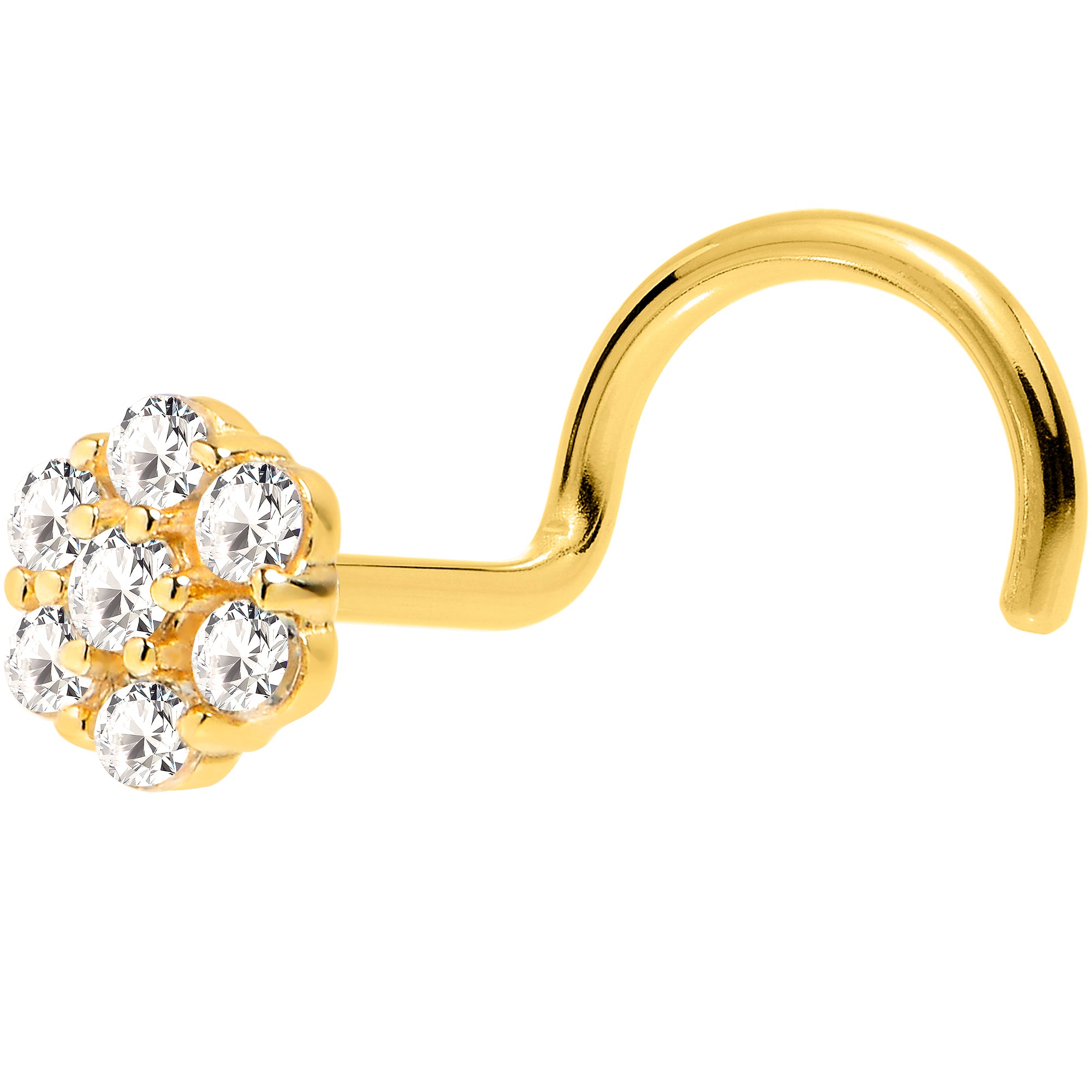 Solid 14K Yellow Gold Clear CZ Flower Nose Screw Ring