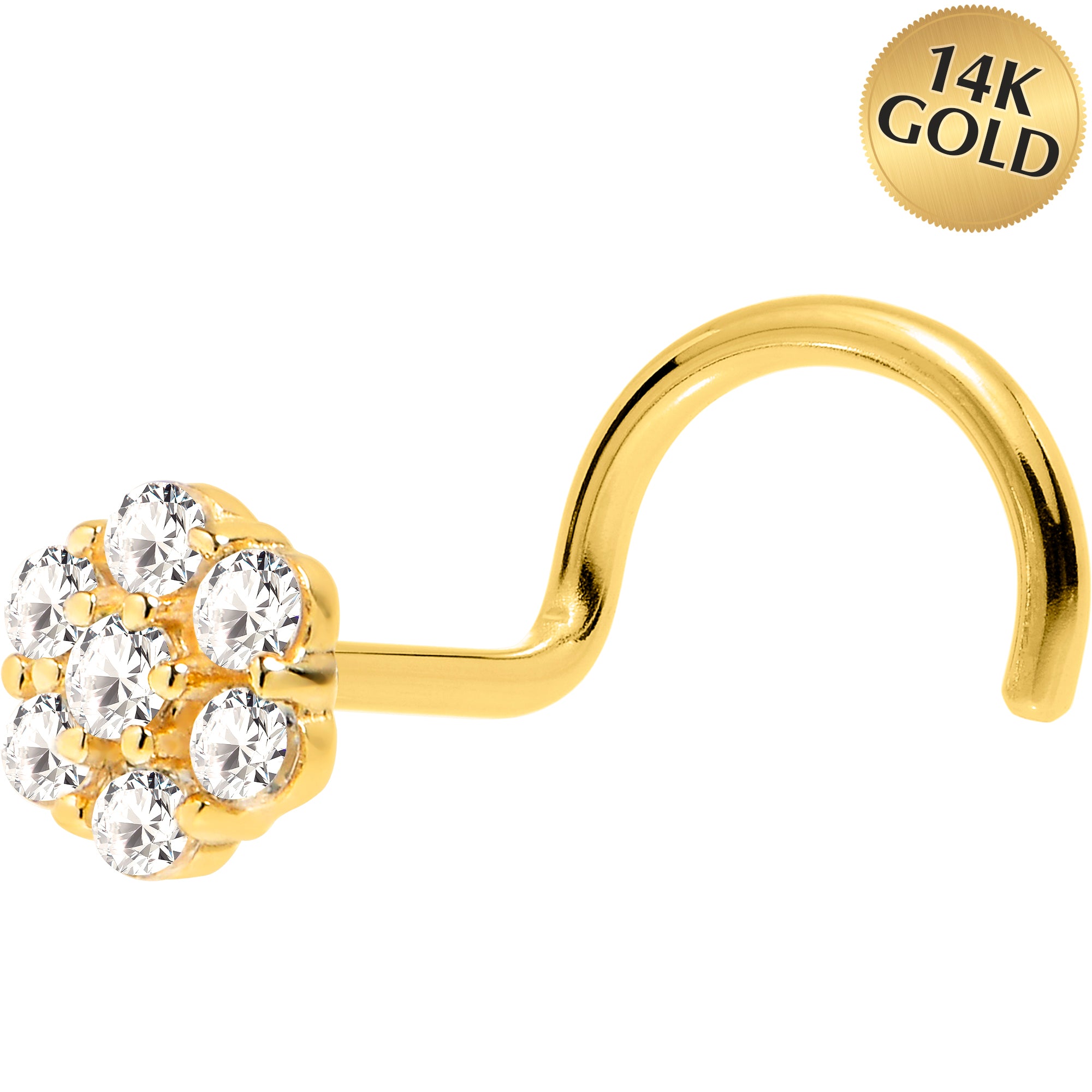 Solid 14K Yellow Gold Clear CZ Flower Nose Screw Ring