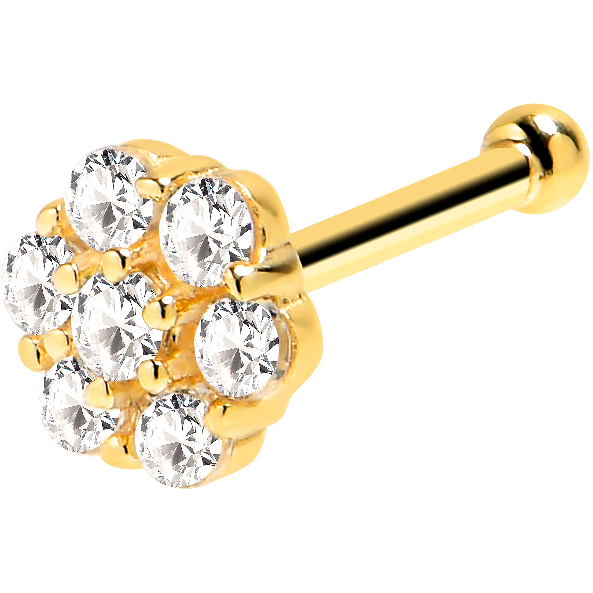 Solid 14K Yellow Gold Clear CZ Flower Nose Bone