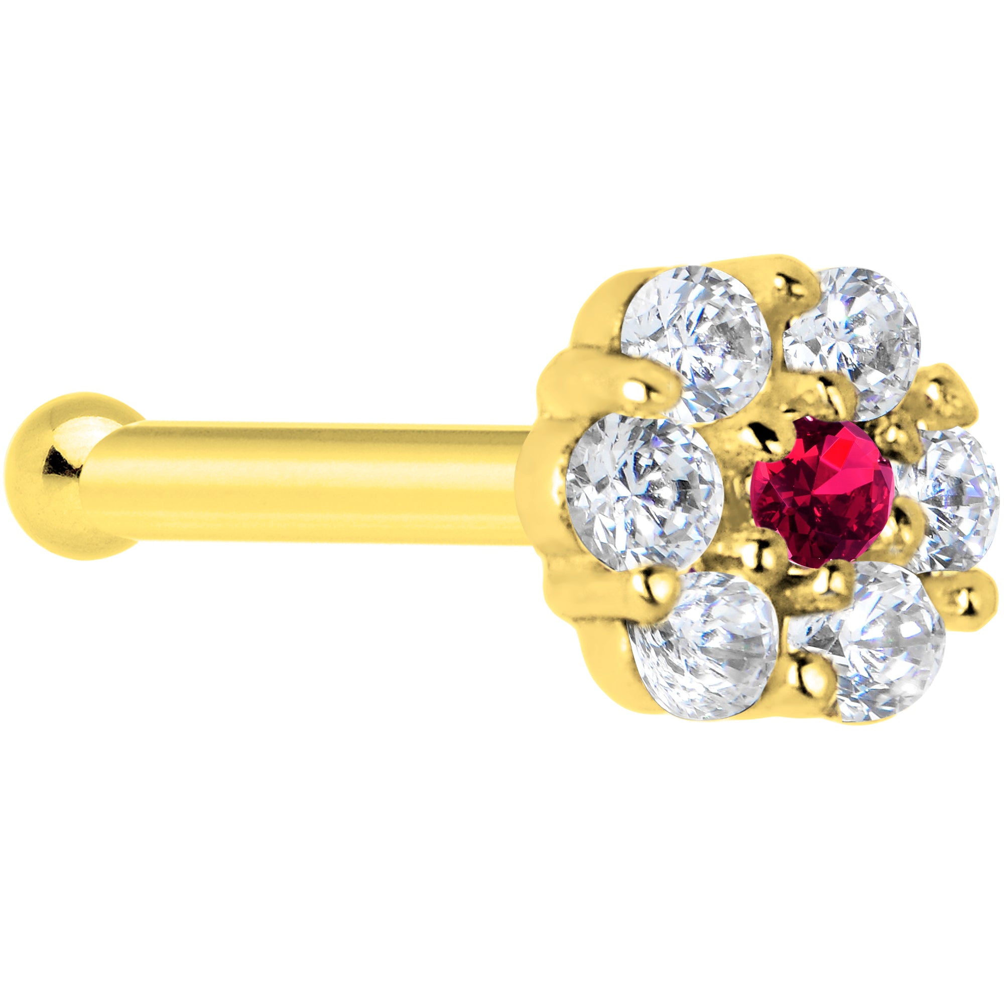 Solid 14K Yellow Gold Clear Red CZ Flower Nose Bone