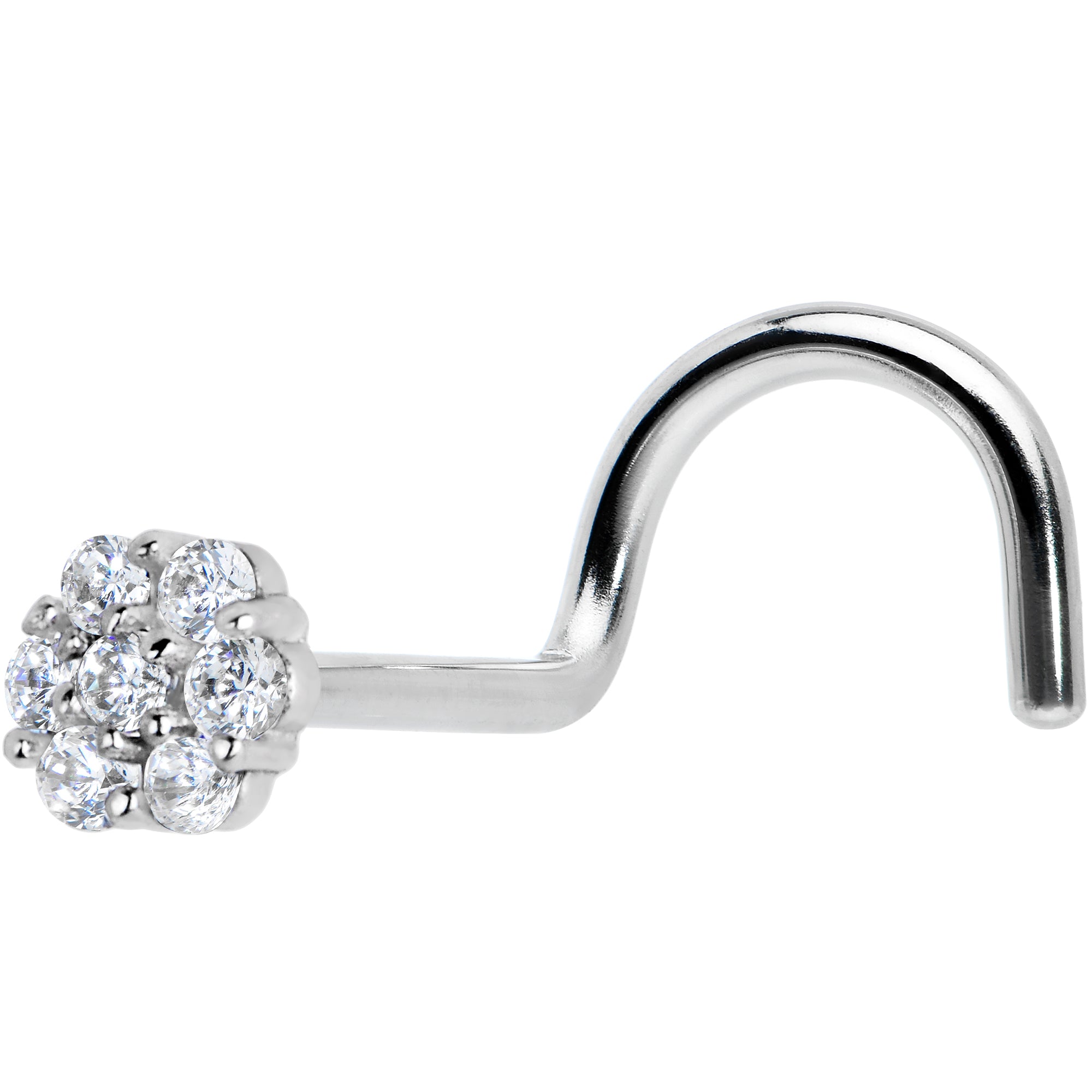 Solid 14K White Gold Clear CZ Flower Nose Screw Ring