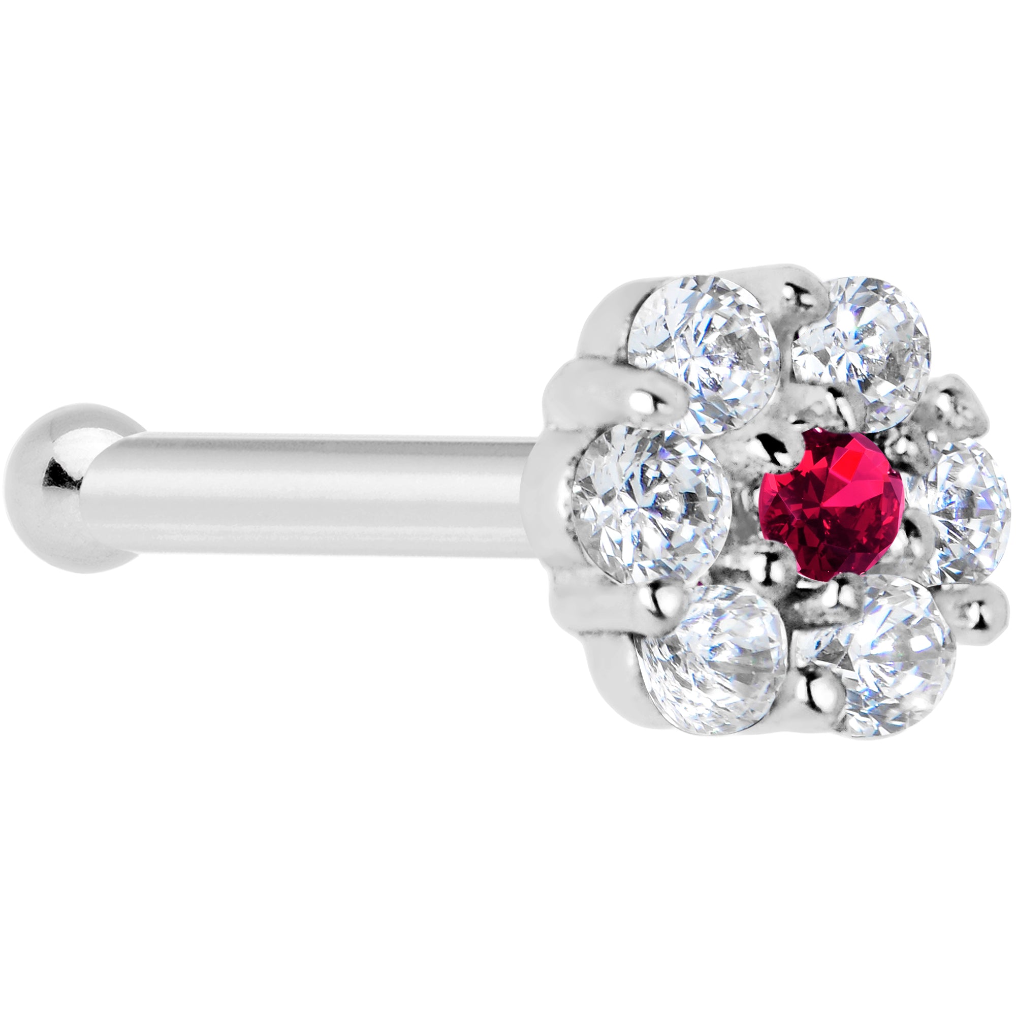 Solid 14K White Gold Red Clear CZ Flower Nose Bone