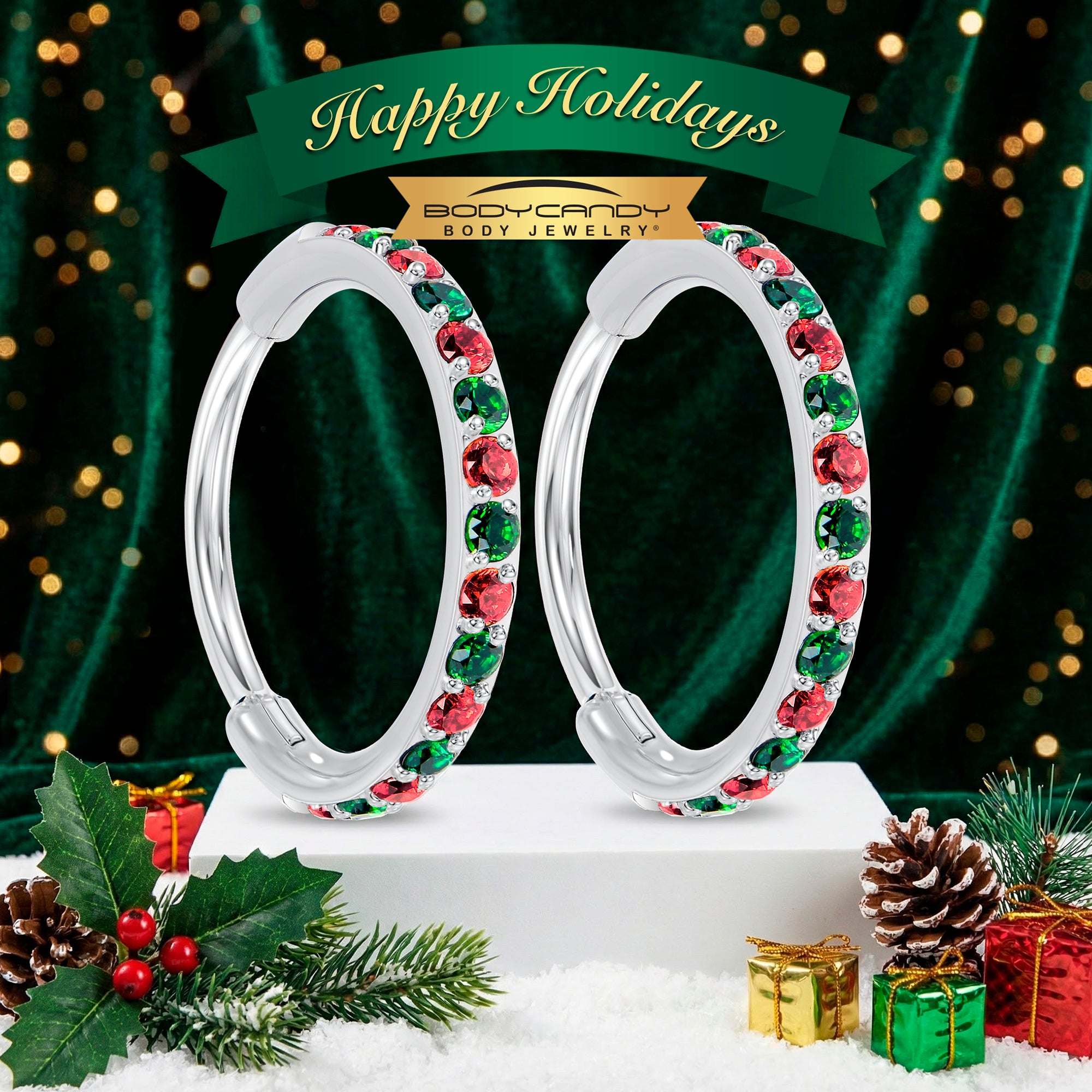 Christmas Red Green CZ Titanium Hinged Hoop Earrings