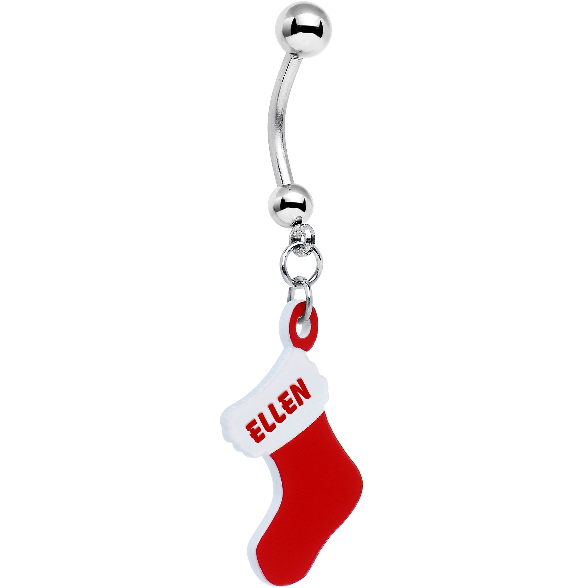 Custom Red White Christmas Stocking Personalized Dangle Belly Ring