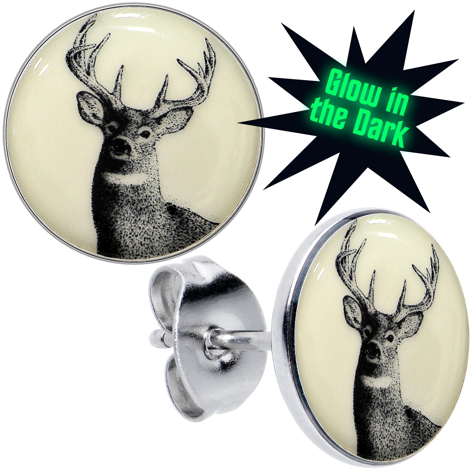Glow in the Dark Deer Buck Stud Earrings-Hypoallergenic