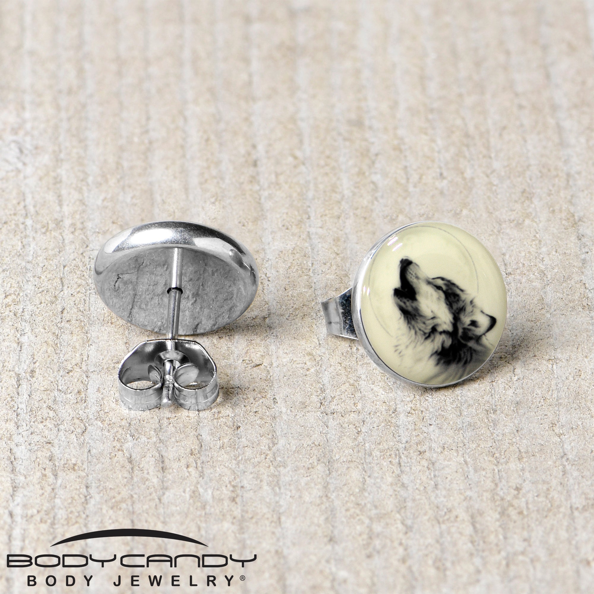 Glow in the Dark Howling Wolf  Stainless Steel Stud Earrings stainless steel hypoallergenic