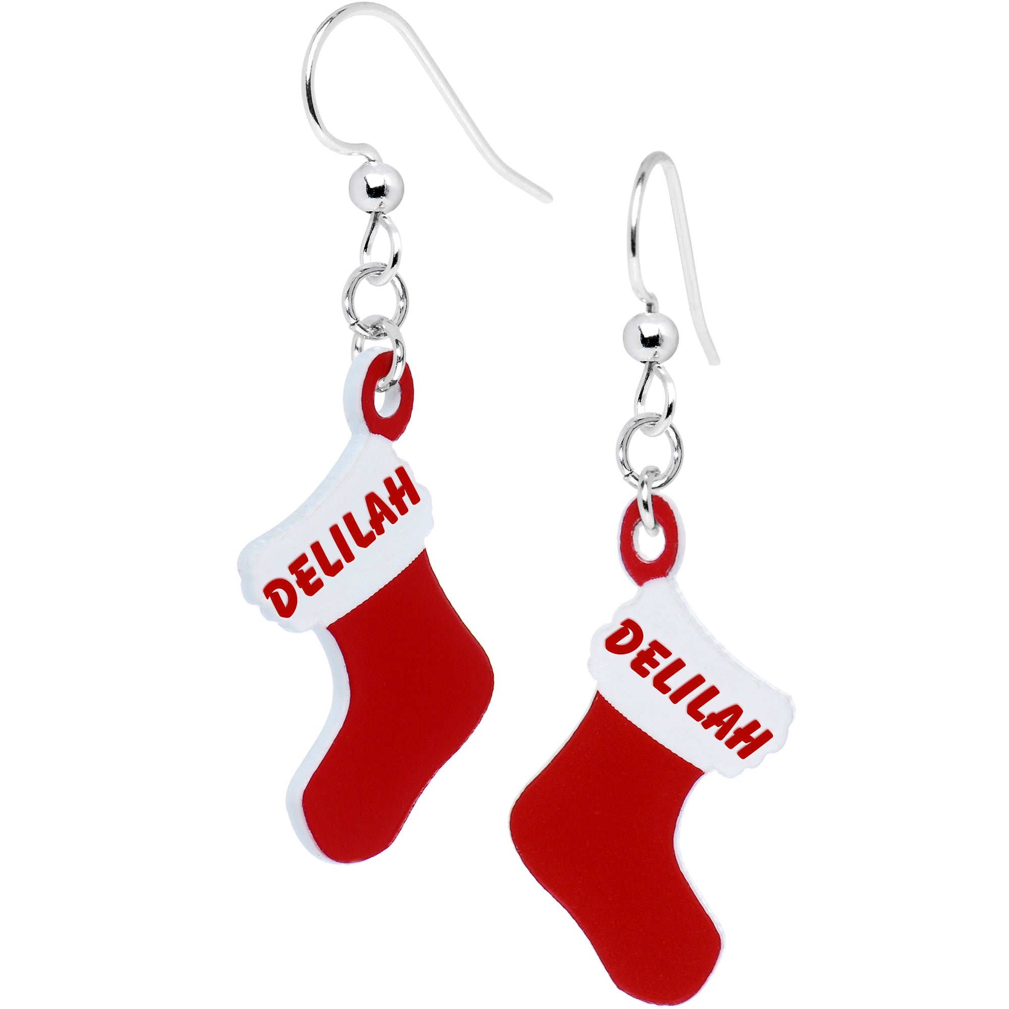 Custom Holiday Christmas Stocking Personalized Name Fishhook Earrings lightweight body jewelry
