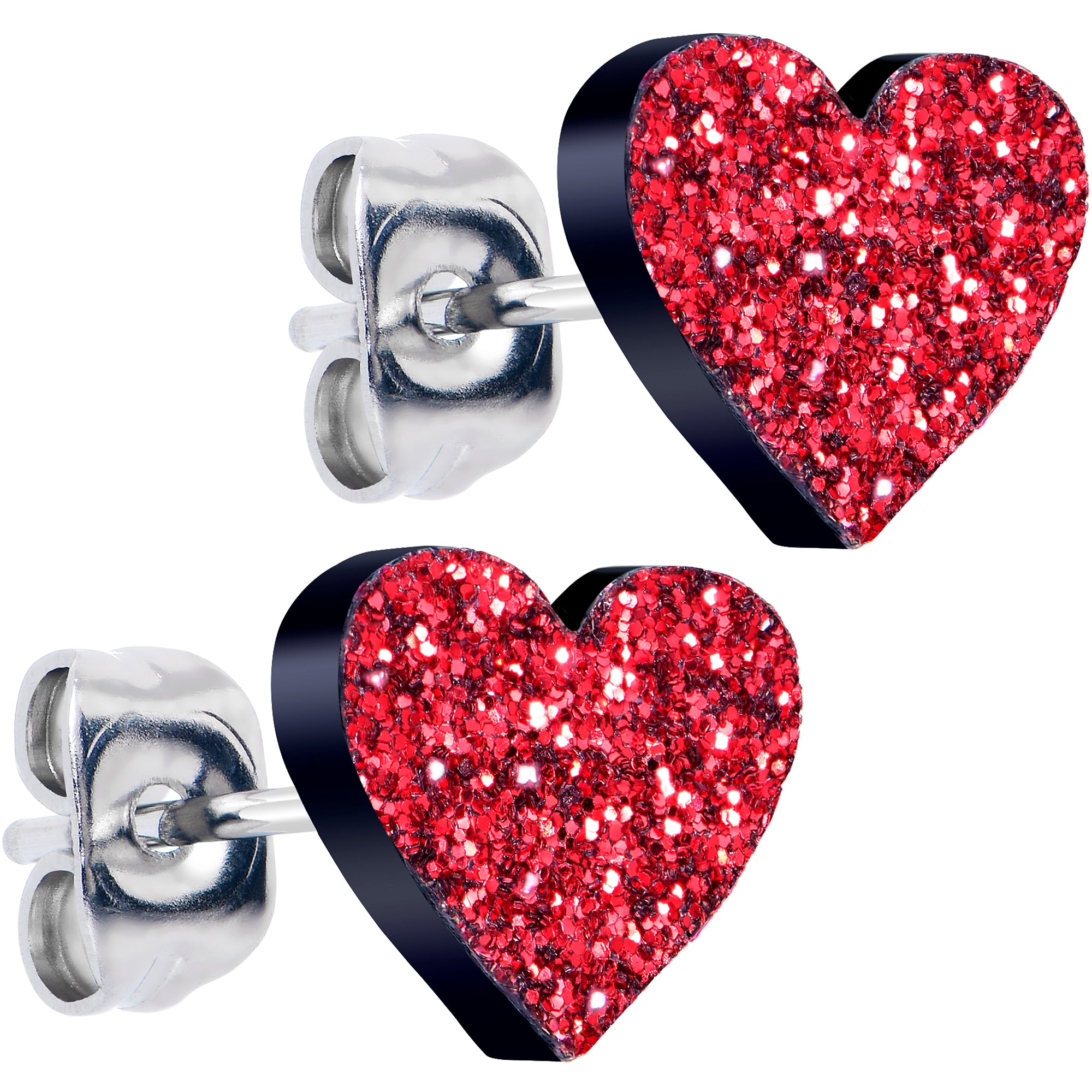 Ruby Red Glitter Heart Stud Earrings
