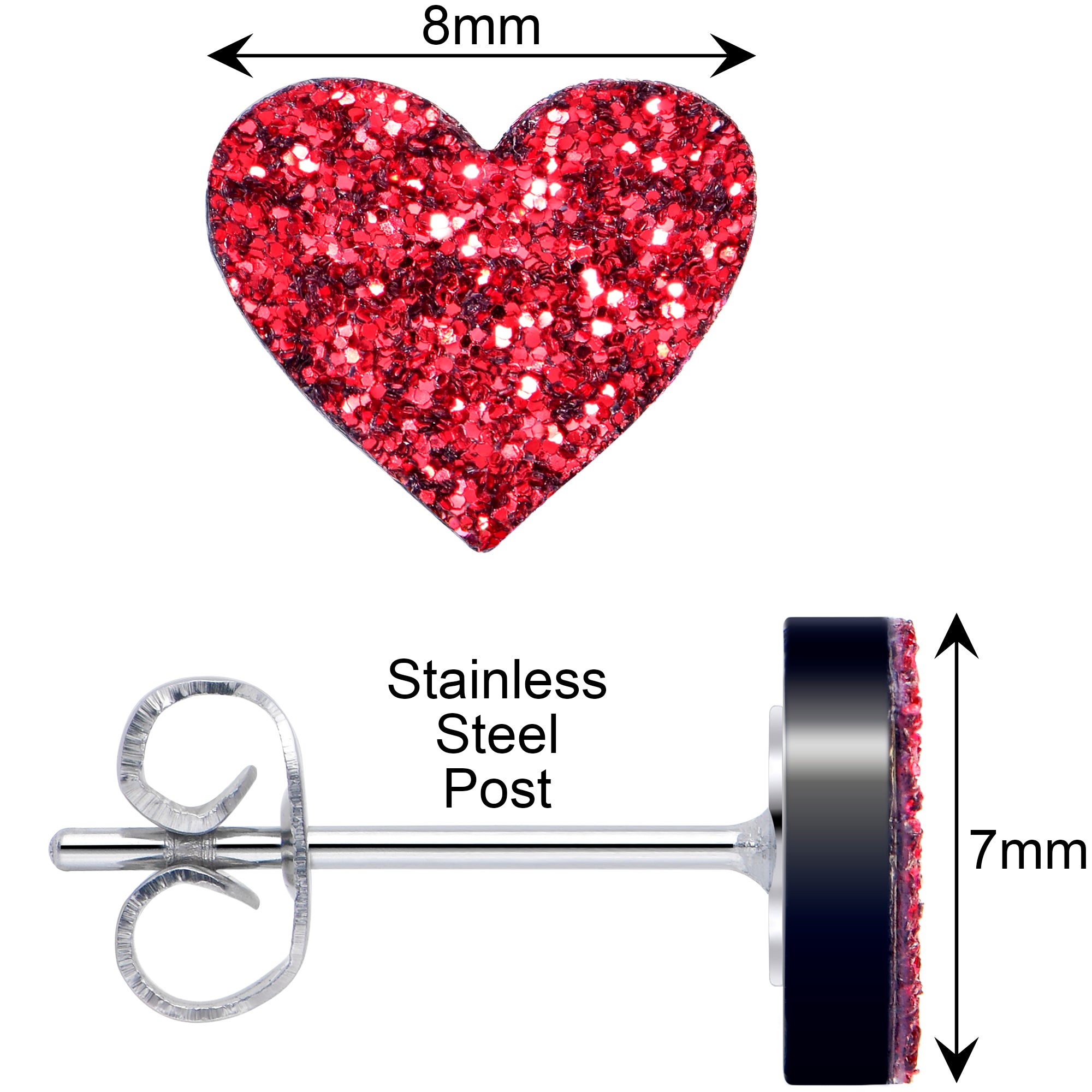 Ruby Red Glitter Heart Stud Earrings