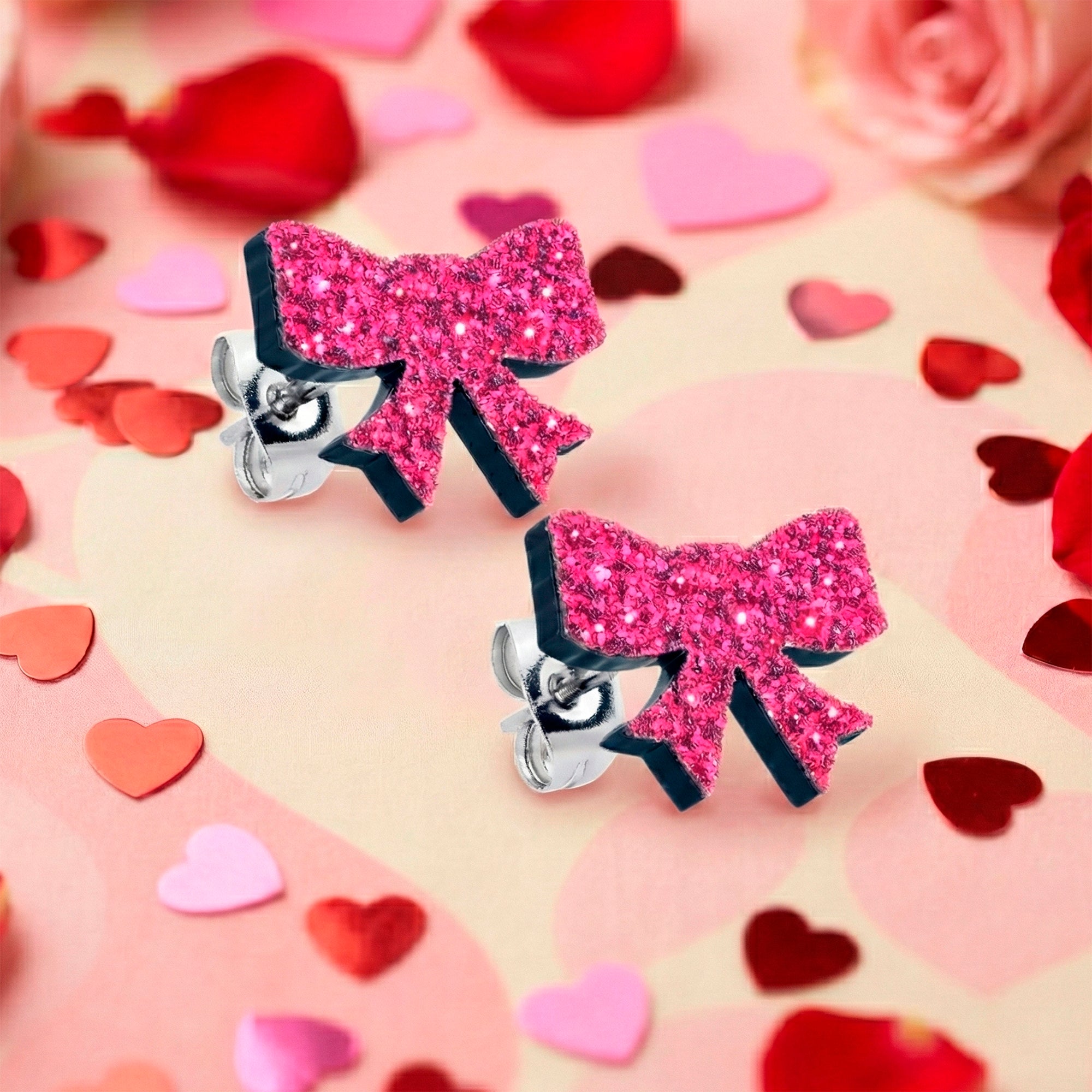 glitter pink ribbon bow stud earrings