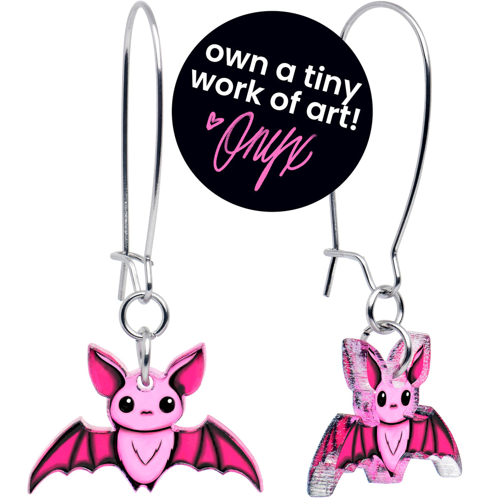 Pretty in Pink Spooky Bat Acrylic Dangle Earrings by Onyx O