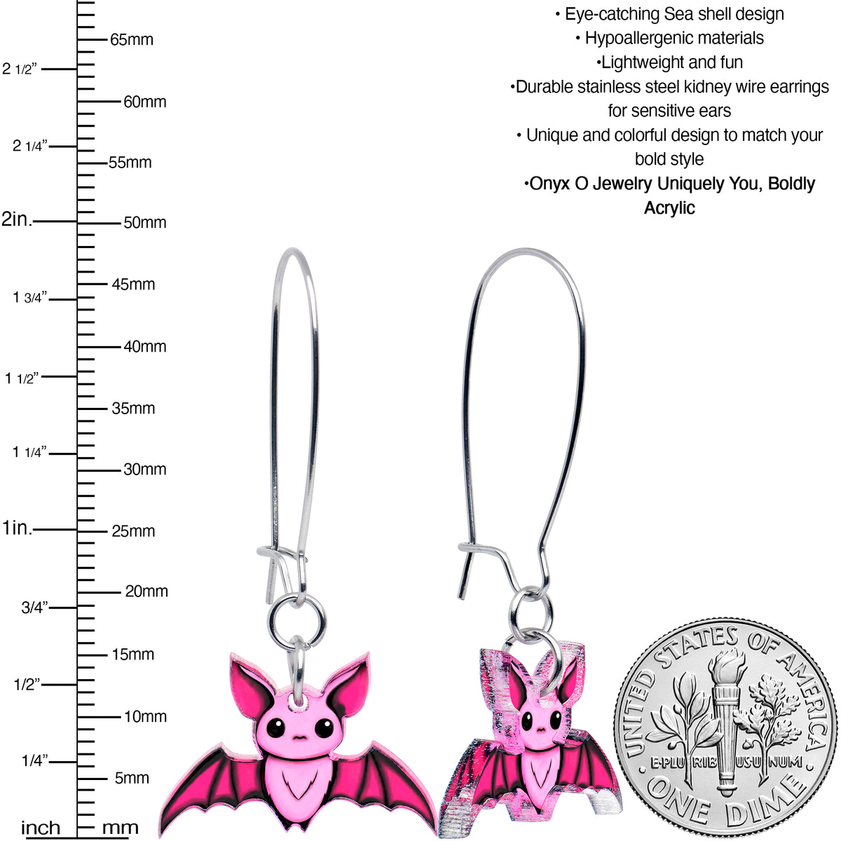 Pretty in Pink Spooky Bat Acrylic Dangle Earrings by Onyx O