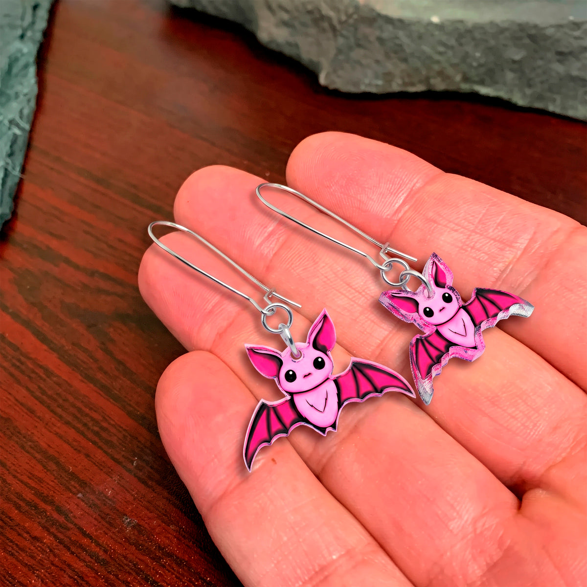 Pretty in Pink Spooky Bat Acrylic Dangle Earrings by Onyx O
