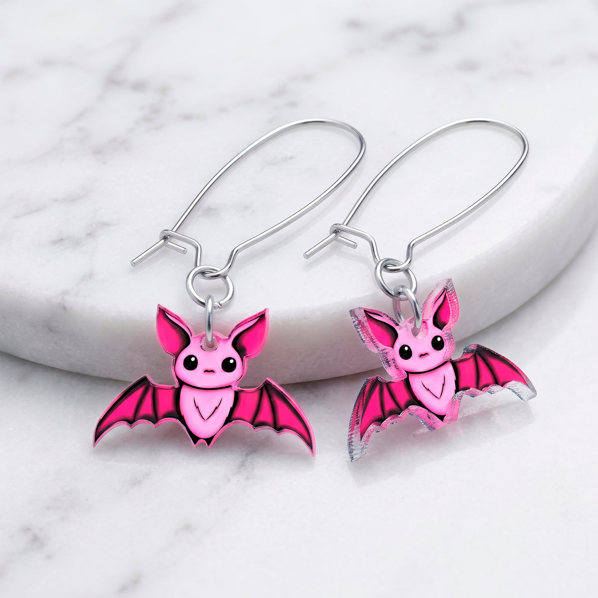 Pretty in Pink Spooky Bat Acrylic Dangle Earrings by Onyx O
