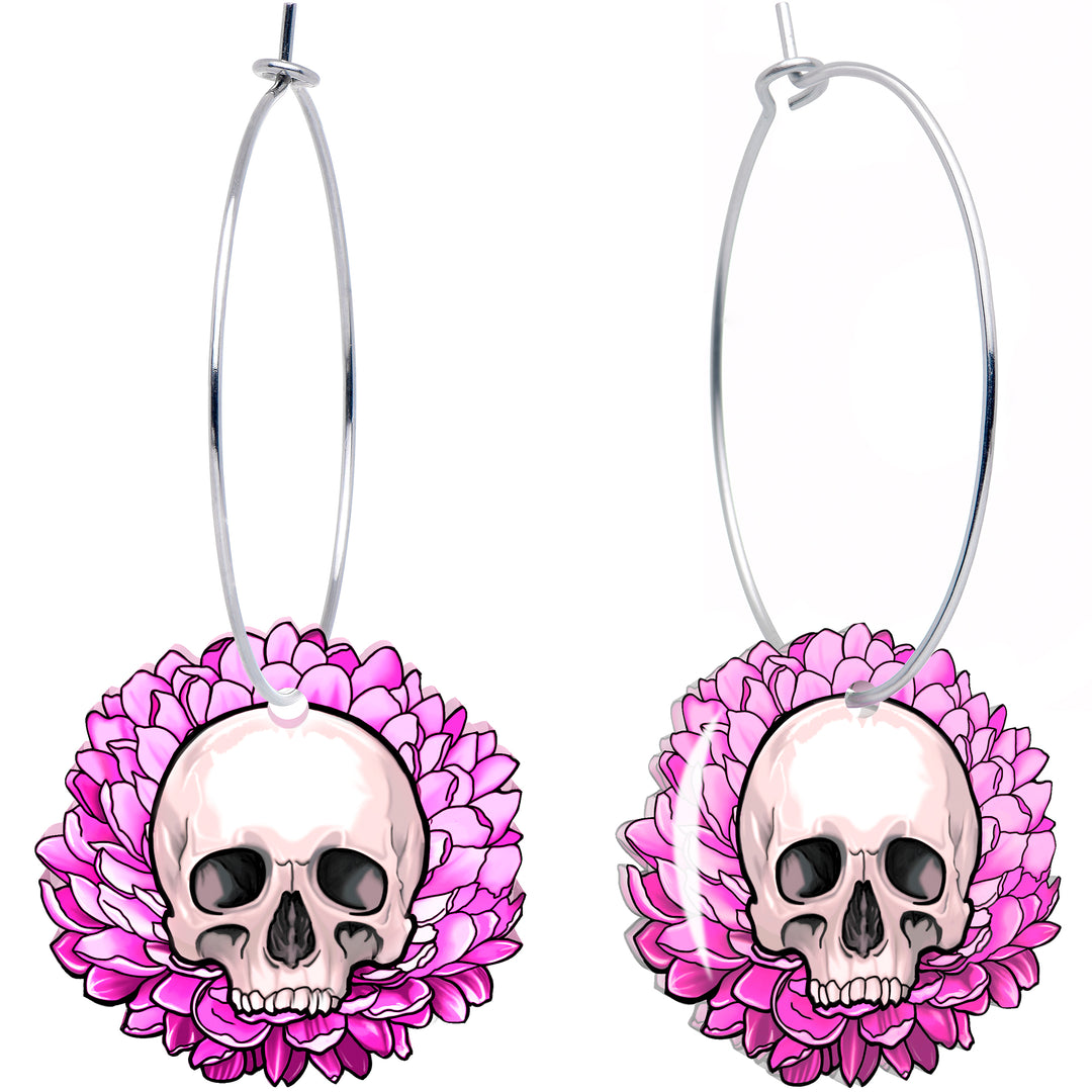 Blooming pink flower skull hoop earrings Onyx O