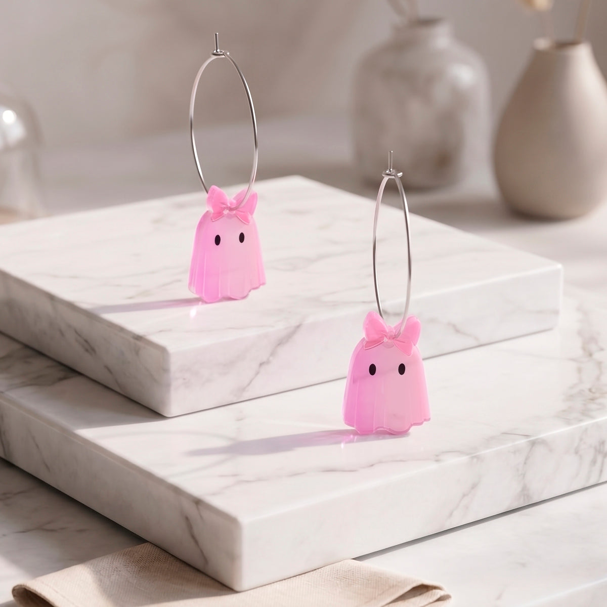 Perfectly Pink Boo Ghost Acrylic Hoop Earrings by Onyx O