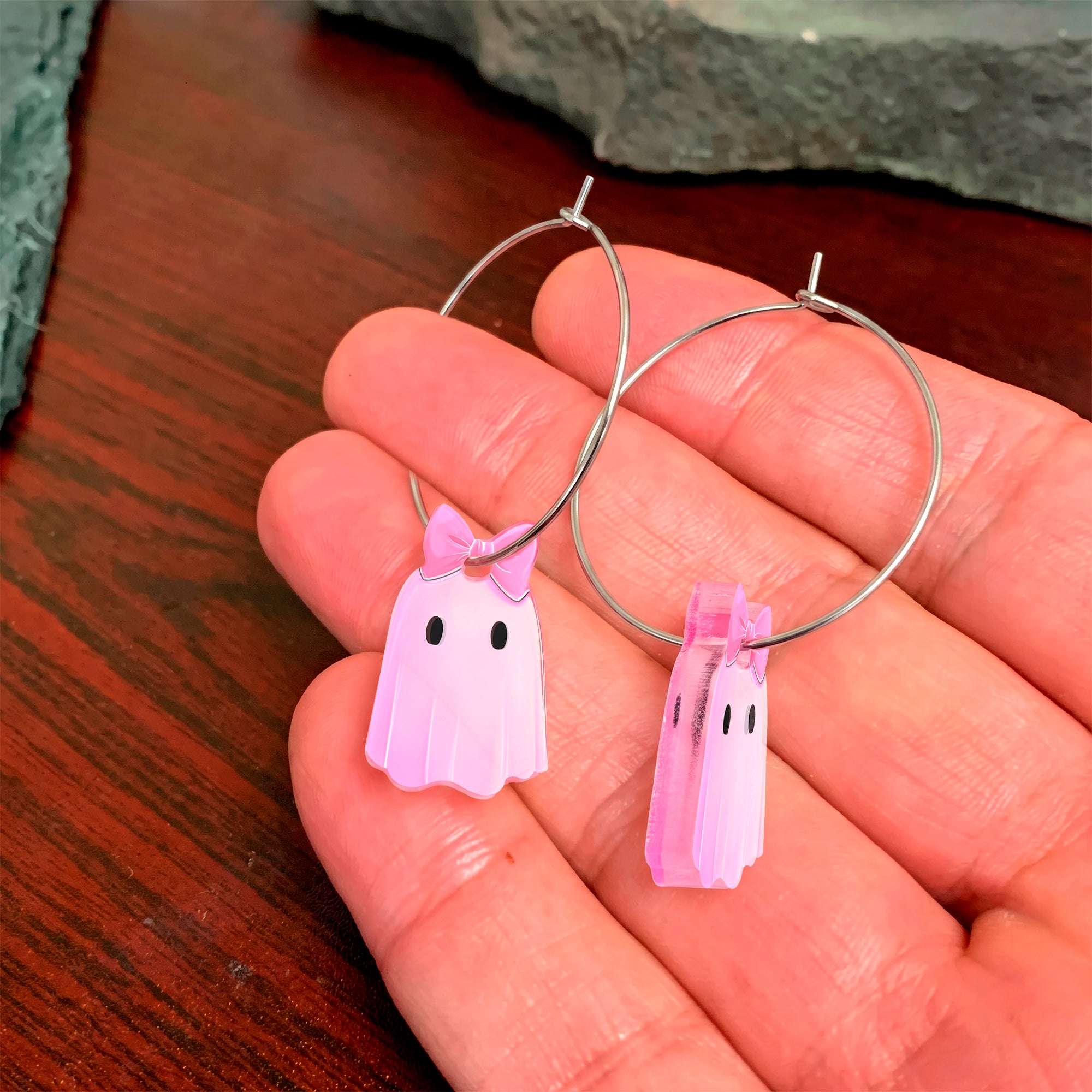Perfectly Pink Boo Ghost Acrylic Hoop Earrings by Onyx O