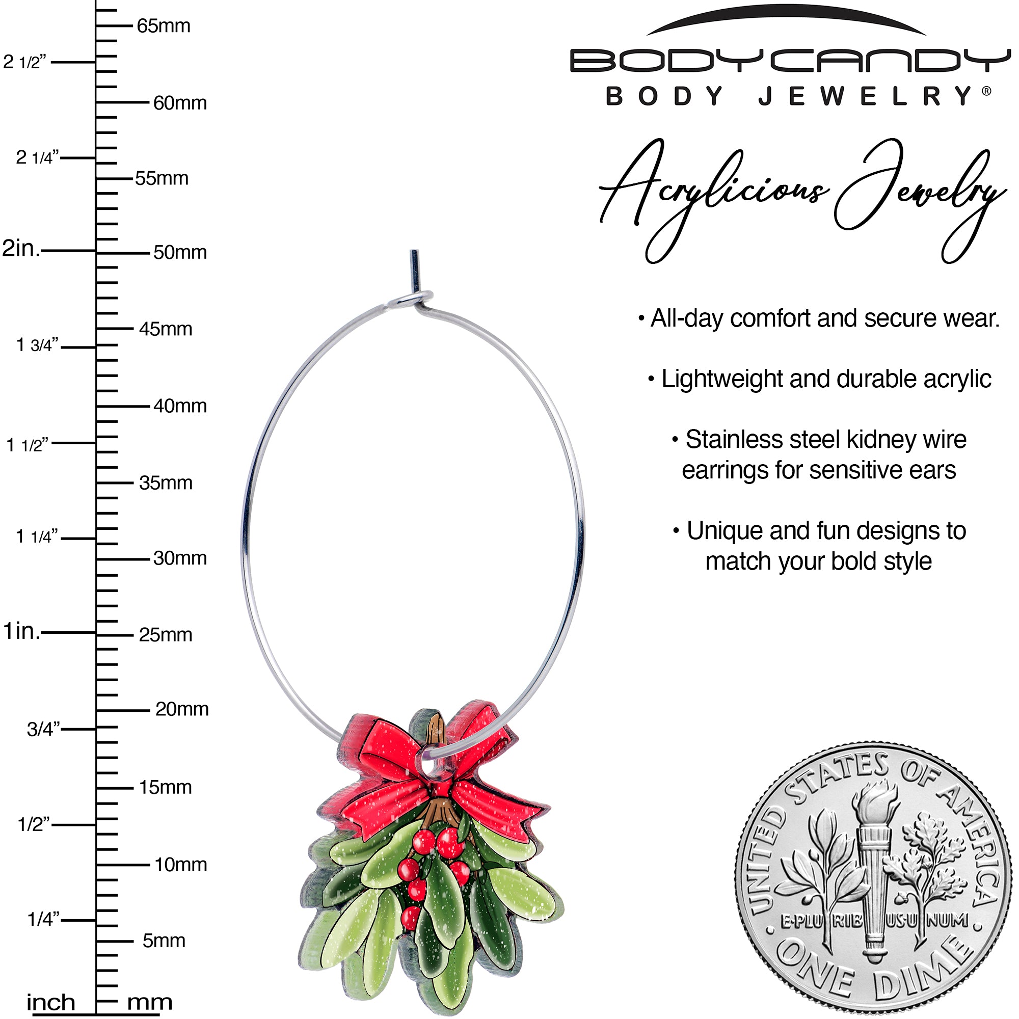 Holiday mistletoe hoop dangle earrings