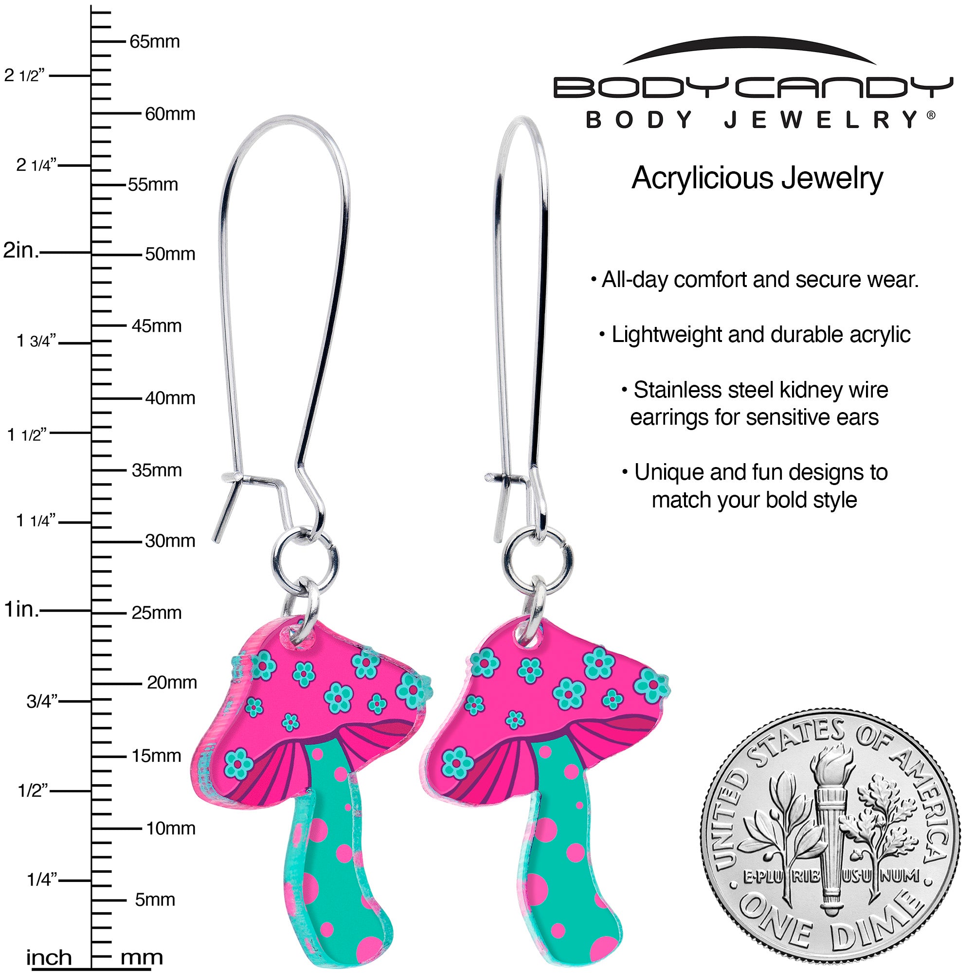 Colorful mushroom dangle earrings Funky floral design