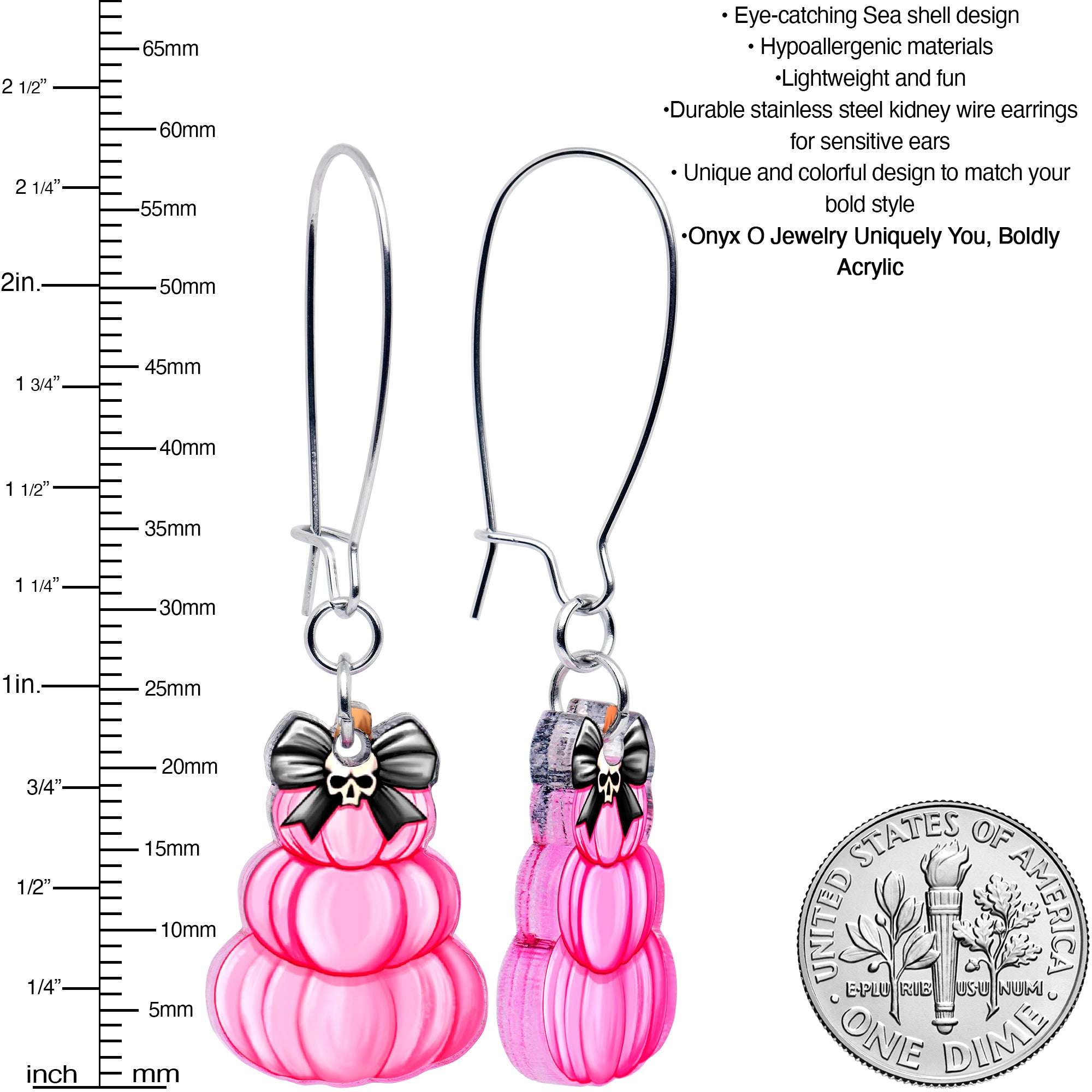 Pretty in Pink Skull Bow Pumpkin Stack Acrylic Dangle Earrings by Onyx O
