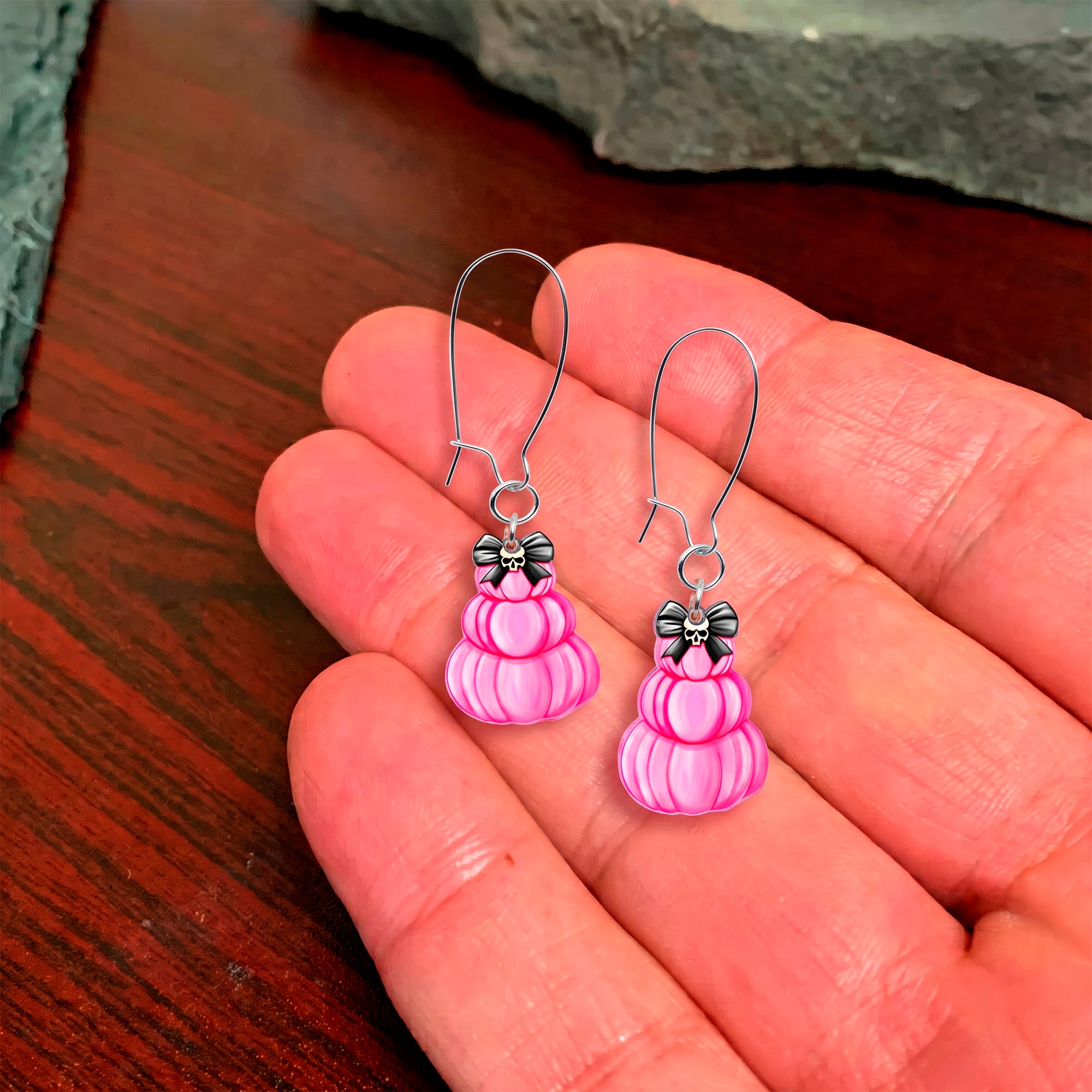Pretty in Pink Skull Bow Pumpkin Stack Acrylic Dangle Earrings by Onyx O