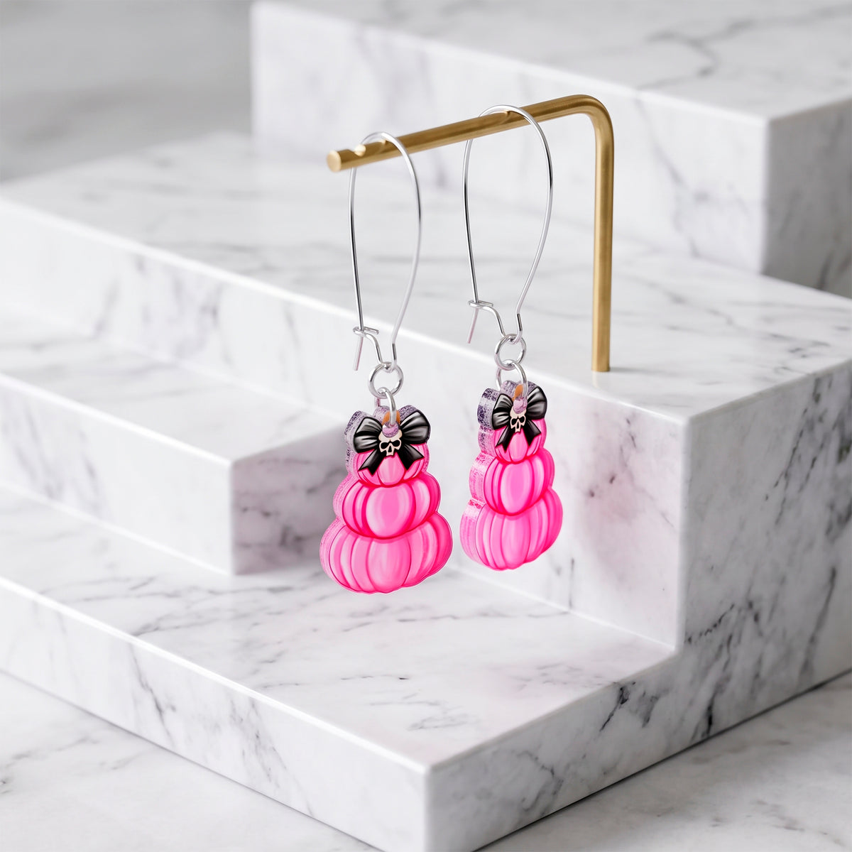 Pretty in Pink Skull Bow Pumpkin Stack Acrylic Dangle Earrings by Onyx O