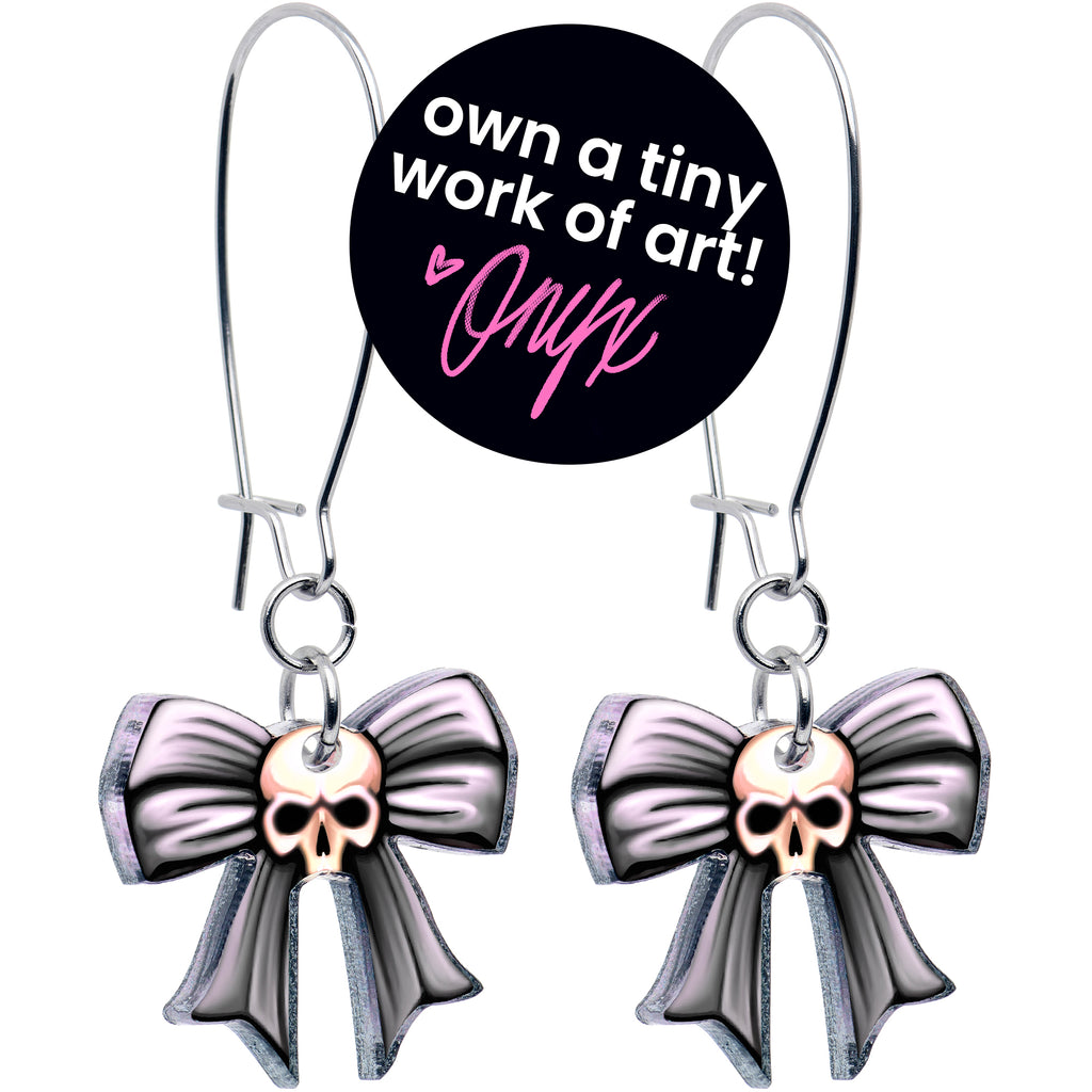Wicked Bow Skull Acrylic Dangle Earrings by Onyx O