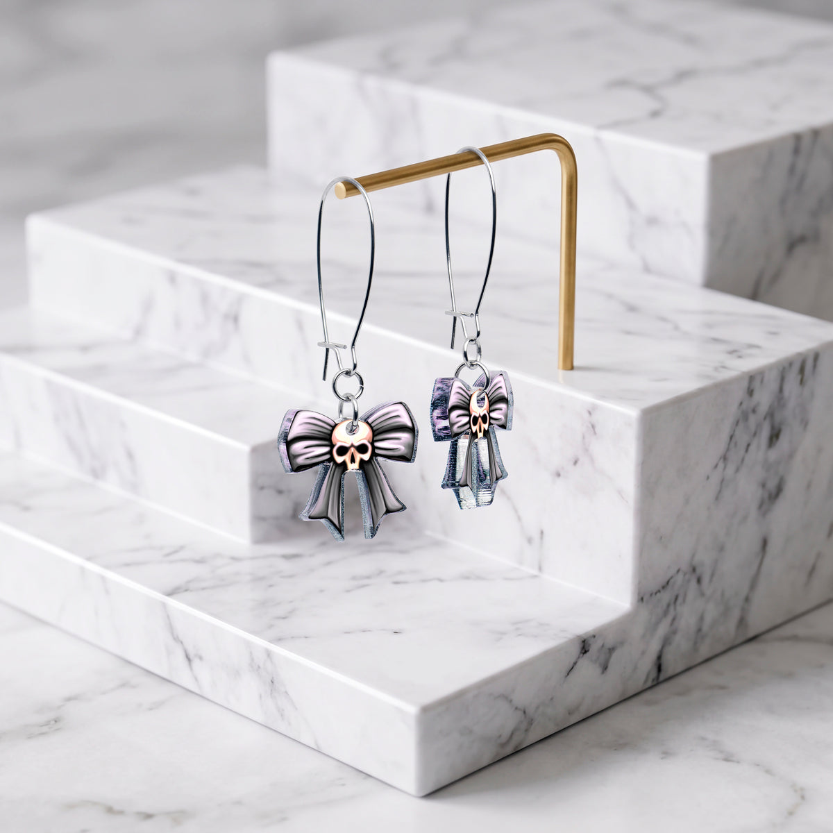 Wicked Bow Skull Acrylic Dangle Earrings by Onyx O
