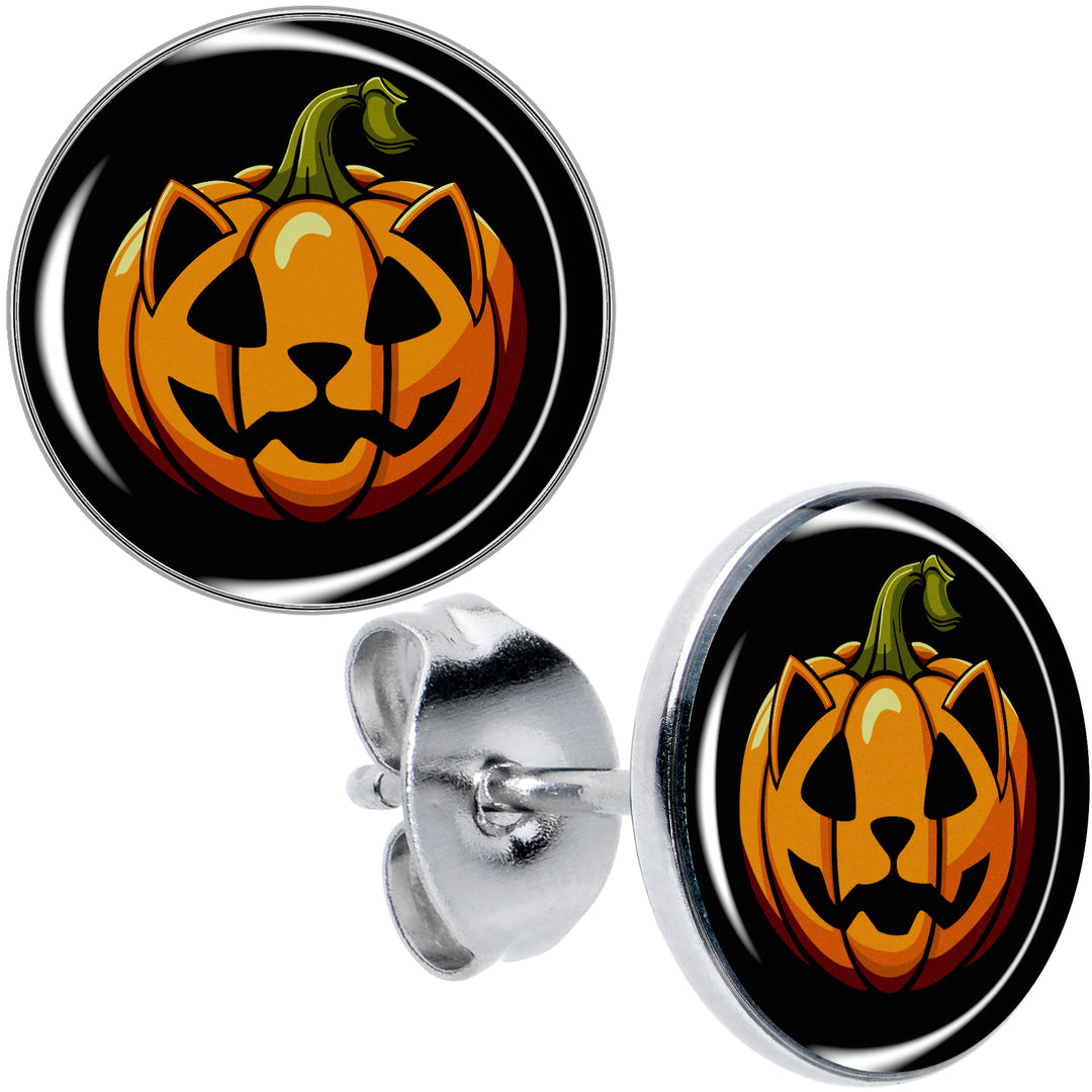 Orange Pumpkin Cat Jack-O-Lantern Hypoallergenic Stainless Steel Stud Earrings