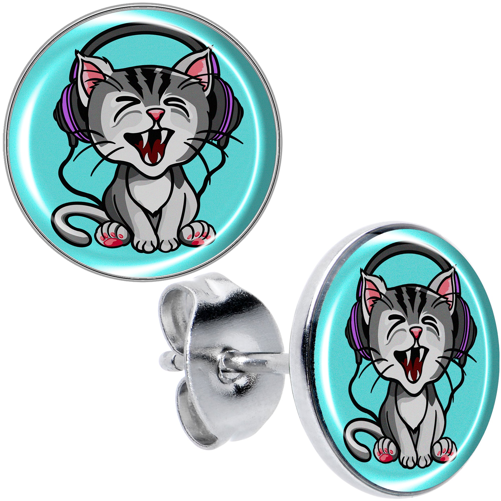Heavy Metal Kitty Cat Hypoallergenic Stainless Steel Stud Earrings