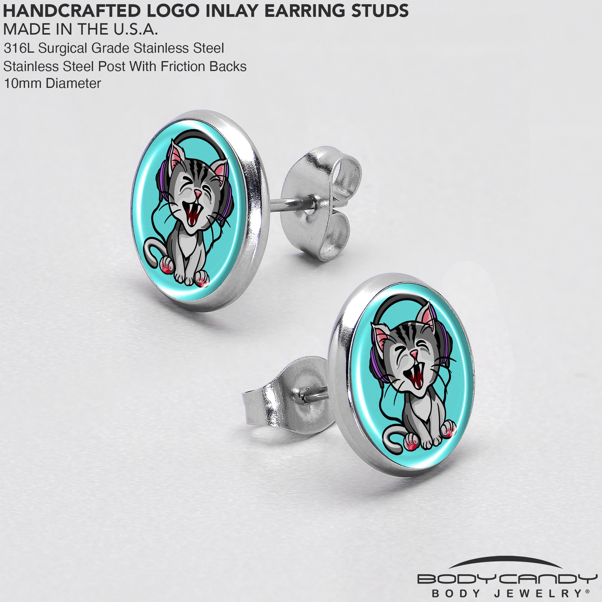 Heavy Metal Kitty Cat  Stainless Steel Stud Earrings custom design option